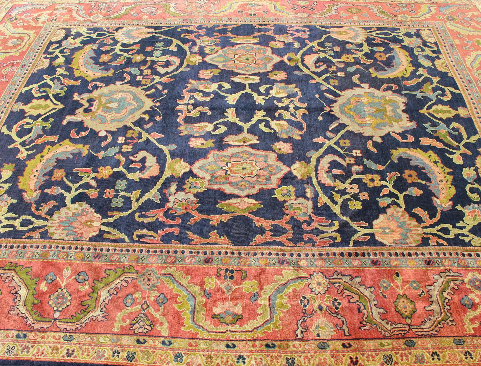  Antique Persian Sultanabad Carpet in Navy Blue Background and Rose Red Border  For Sale 10
