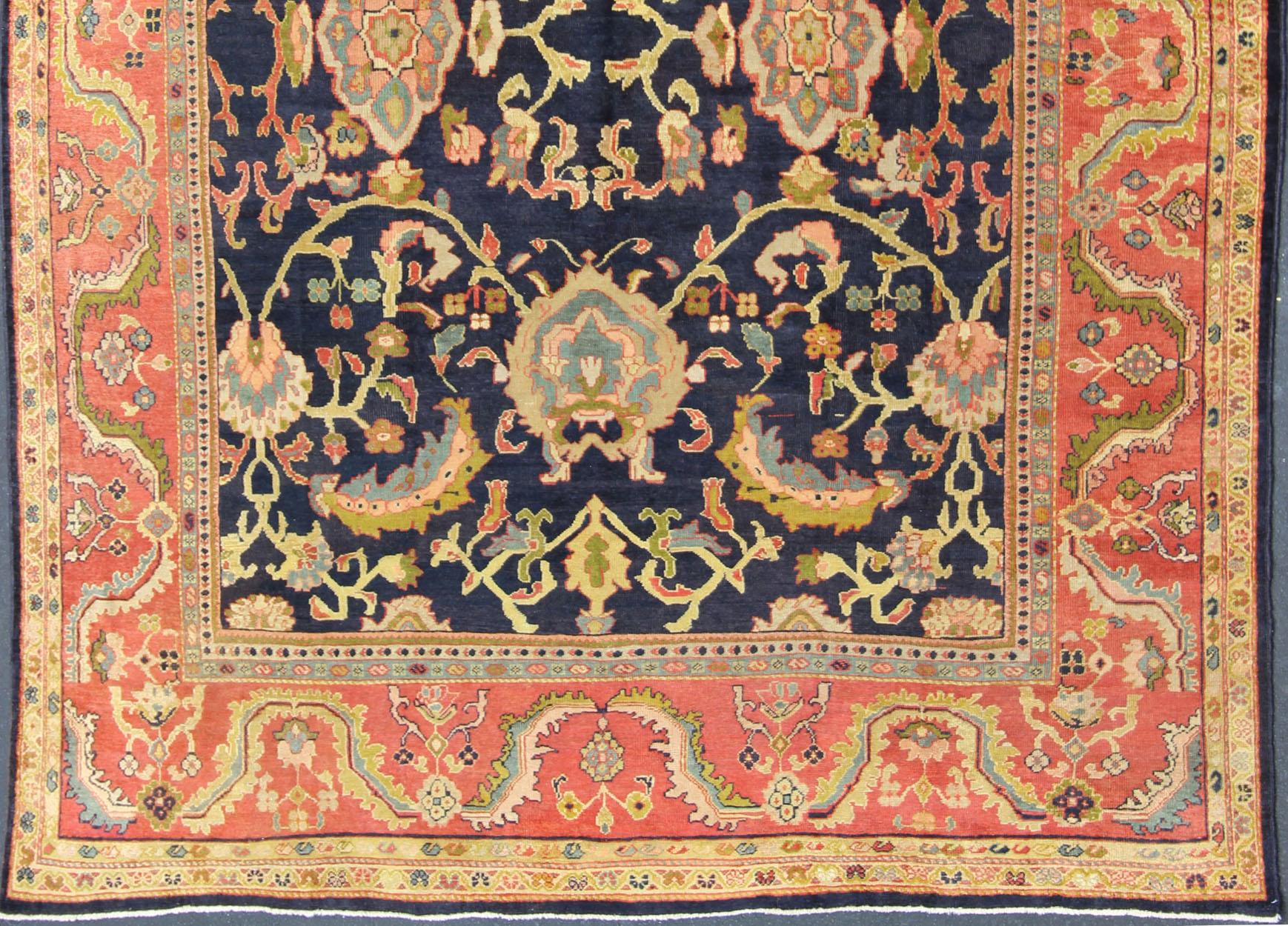 Hand-Knotted  Antique Persian Sultanabad Carpet in Navy Blue Background and Rose Red Border  For Sale