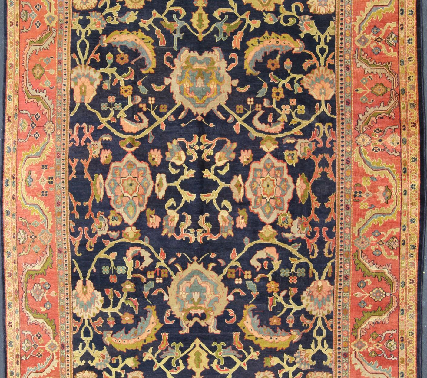  Antique Persian Sultanabad Carpet in Navy Blue Background and Rose Red Border  In Good Condition For Sale In Atlanta, GA