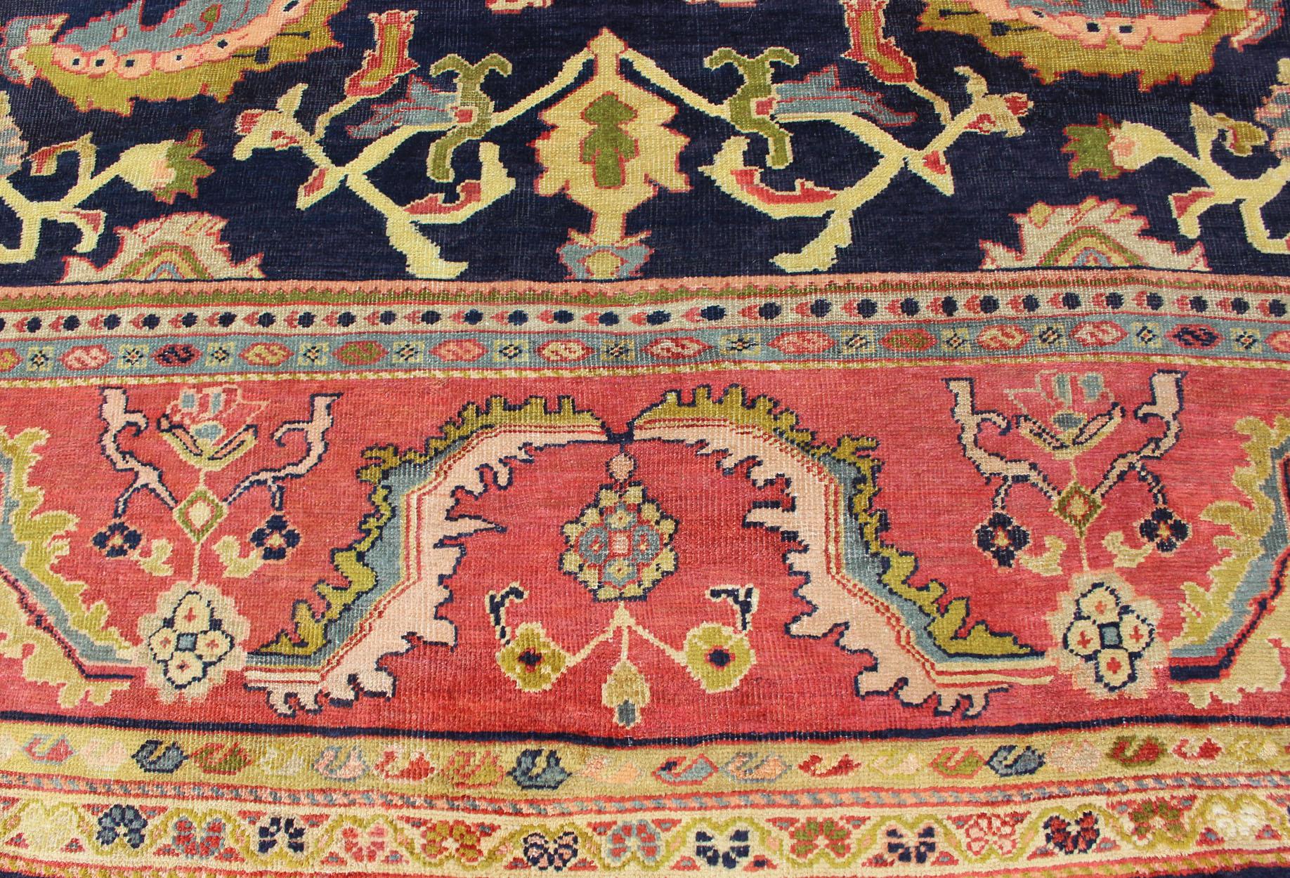 19th Century  Antique Persian Sultanabad Carpet in Navy Blue Background and Rose Red Border  For Sale