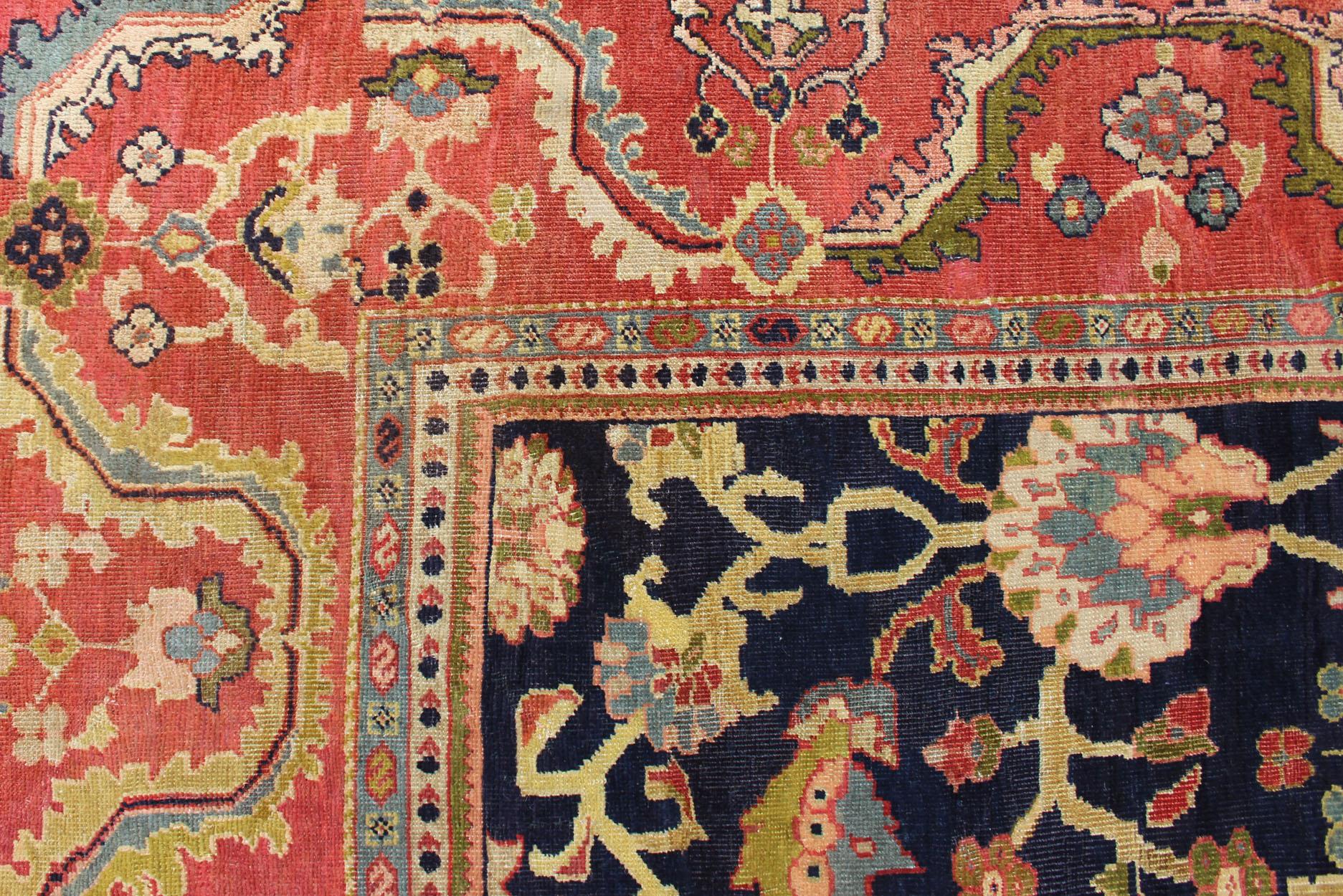Wool  Antique Persian Sultanabad Carpet in Navy Blue Background and Rose Red Border  For Sale
