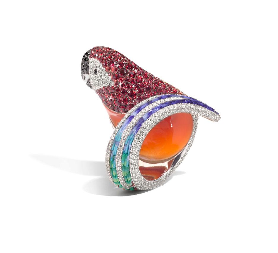 Contemporary Cocktail Ring Gold White & Black Diamonds Sapphires Carnelian Onyx Micromosaic For Sale