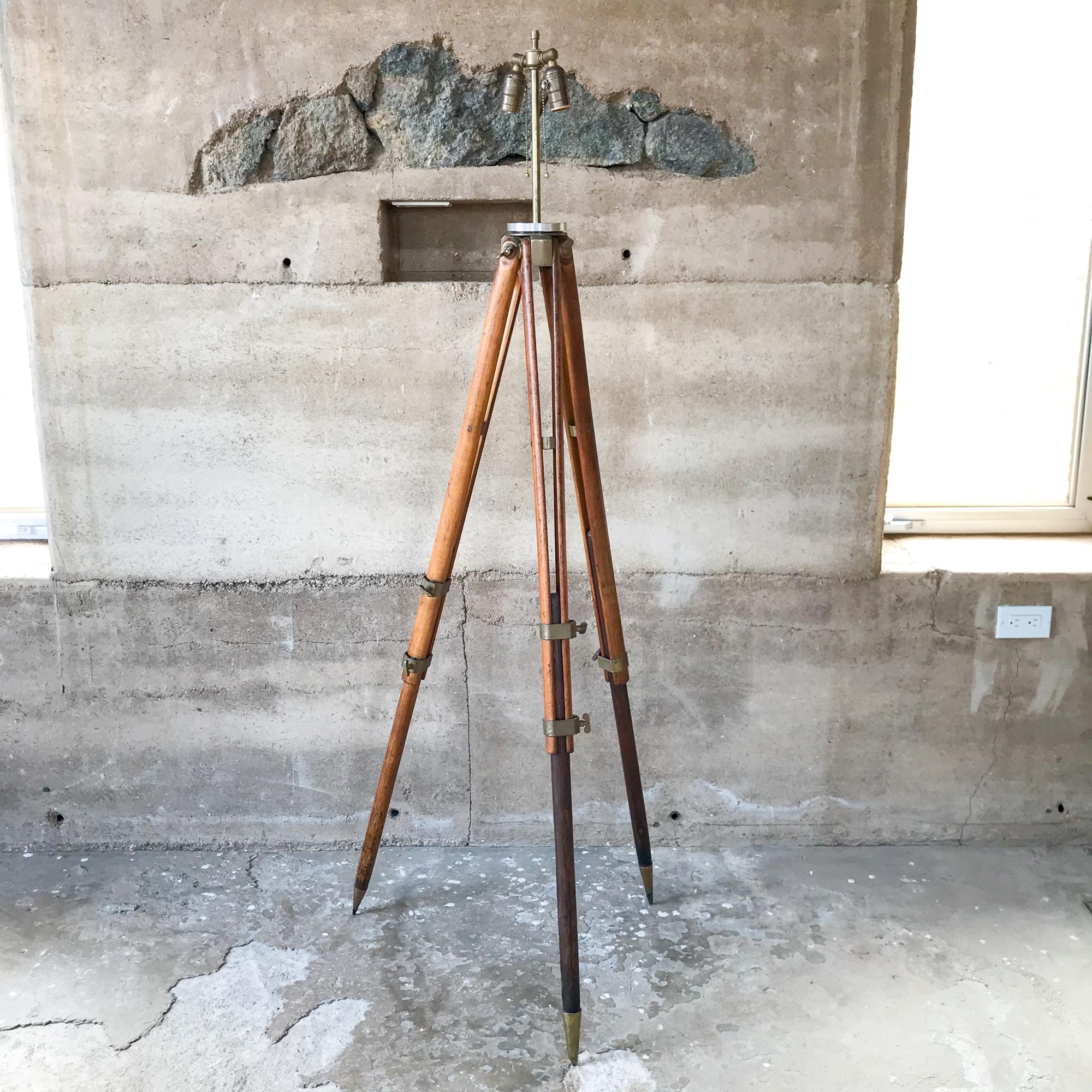 Architect Surveyor Tripod Floor LAMP in Oak & Brass Engineering Repurposed 1