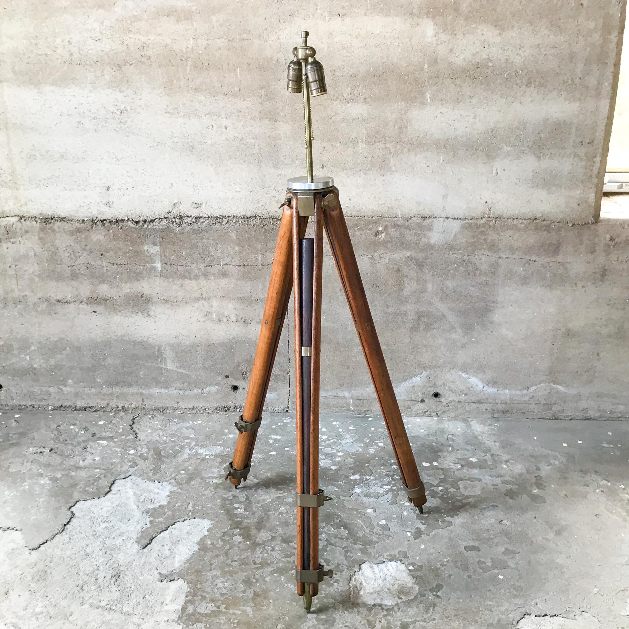  Architect Surveyor Tripod Floor LAMP in Oak & Brass Engineering Repurposed In Good Condition In Chula Vista, CA