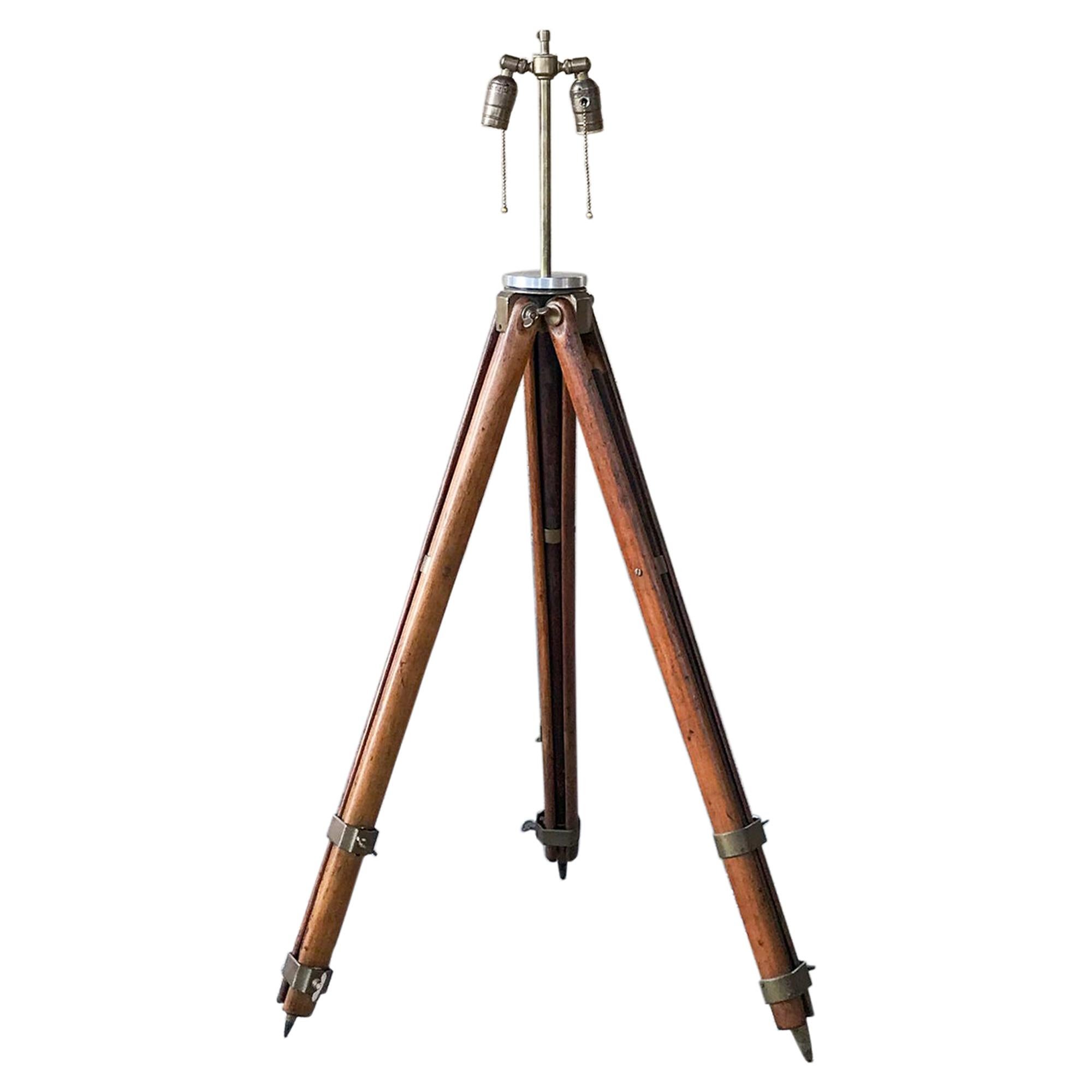  Architect Surveyor Tripod Floor LAMP in Oak & Brass Engineering Repurposed