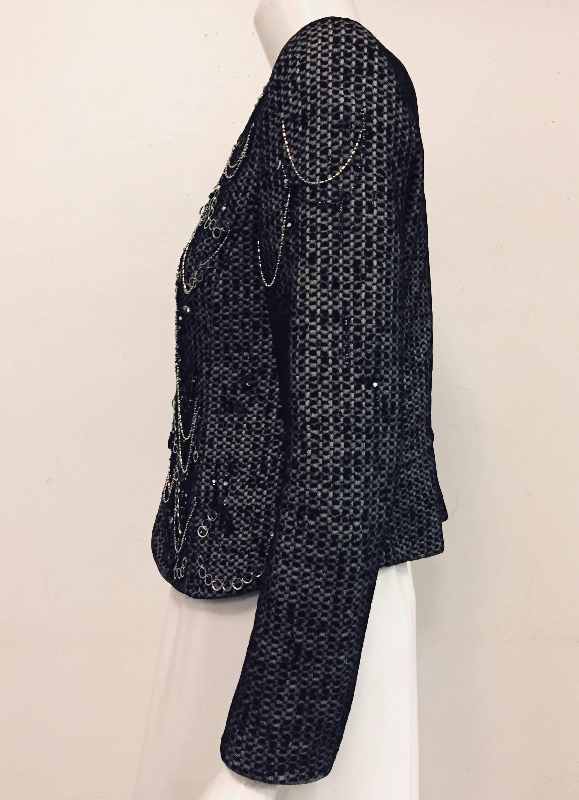 Amazing Armani Collezioni Bejeweled Black & Grey Tweed Jacket w/Beads & Sequins In Excellent Condition In Palm Beach, FL