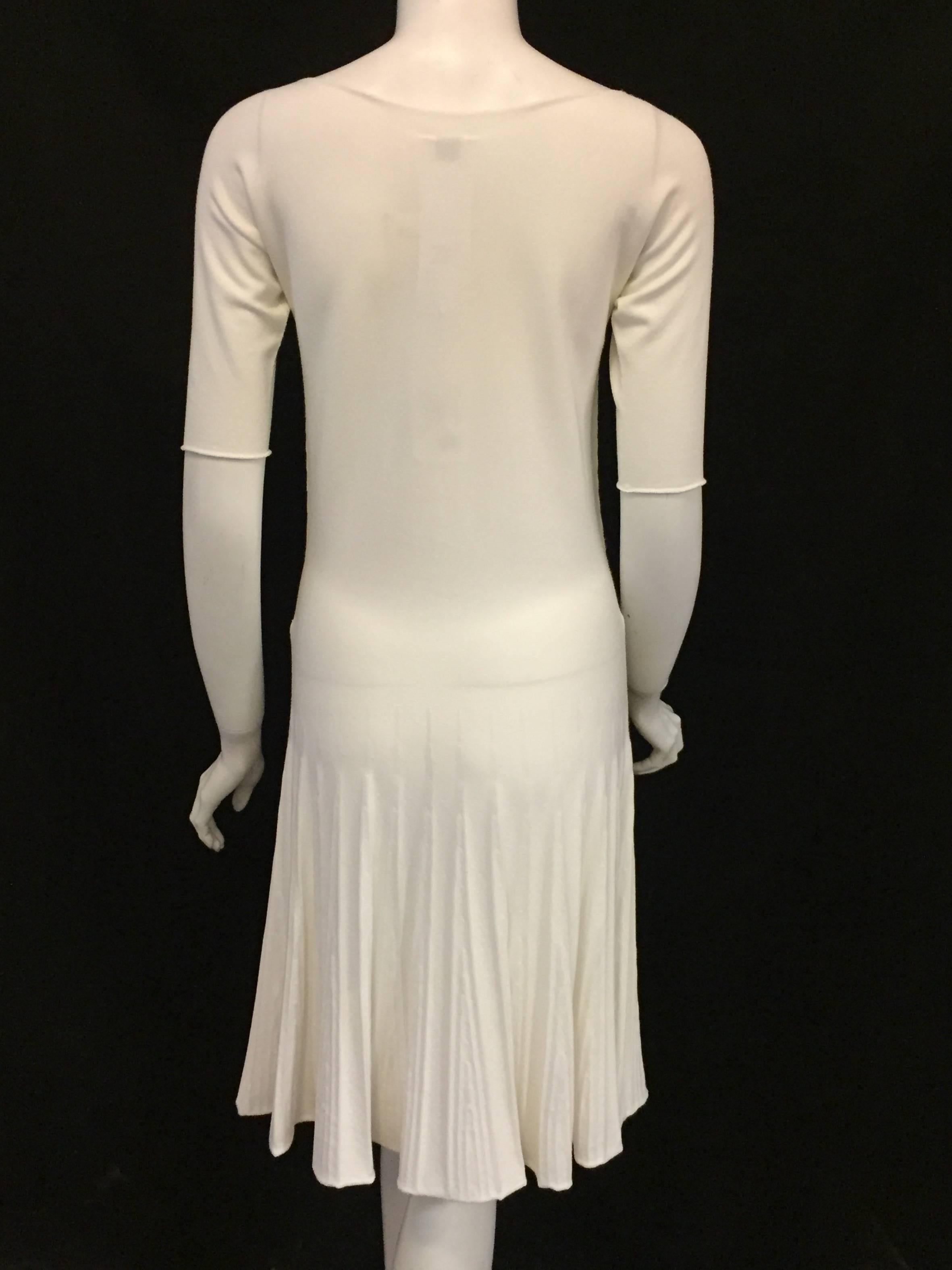 Beige Amazing Armani Ivory Dress with Faux Pleats on Skirt and Short Sleeves