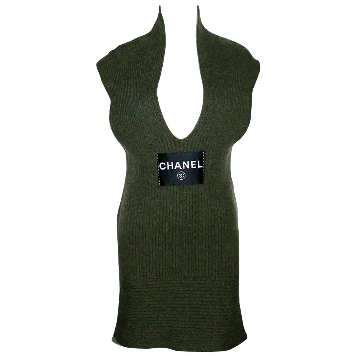 Amazing Chanel Army Green Cashmere Knit Huge CHANEL Logo Mini Dress