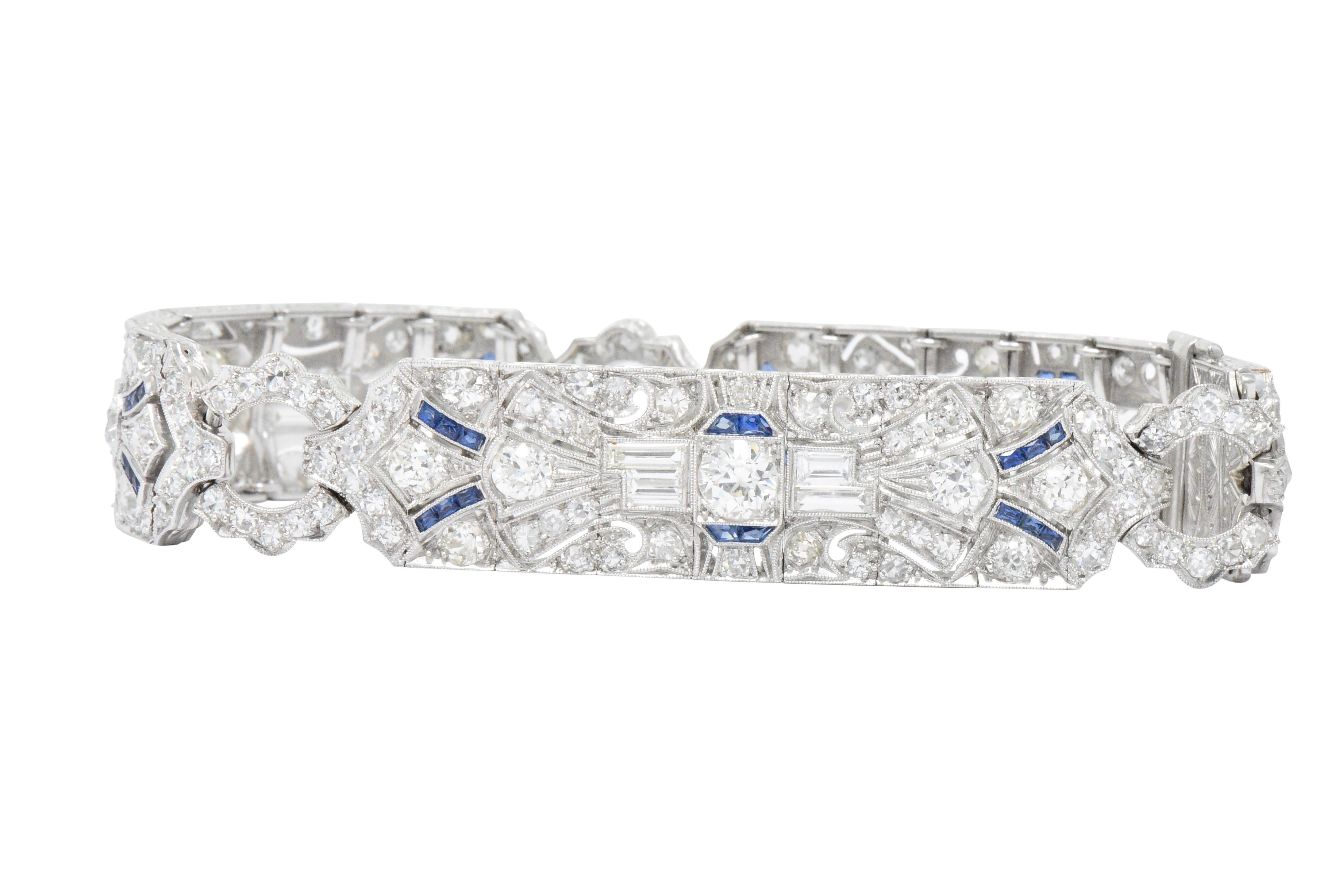 Round Cut Amazing Art Deco 11.50 Carat Diamond Sapphire Platinum Bracelet