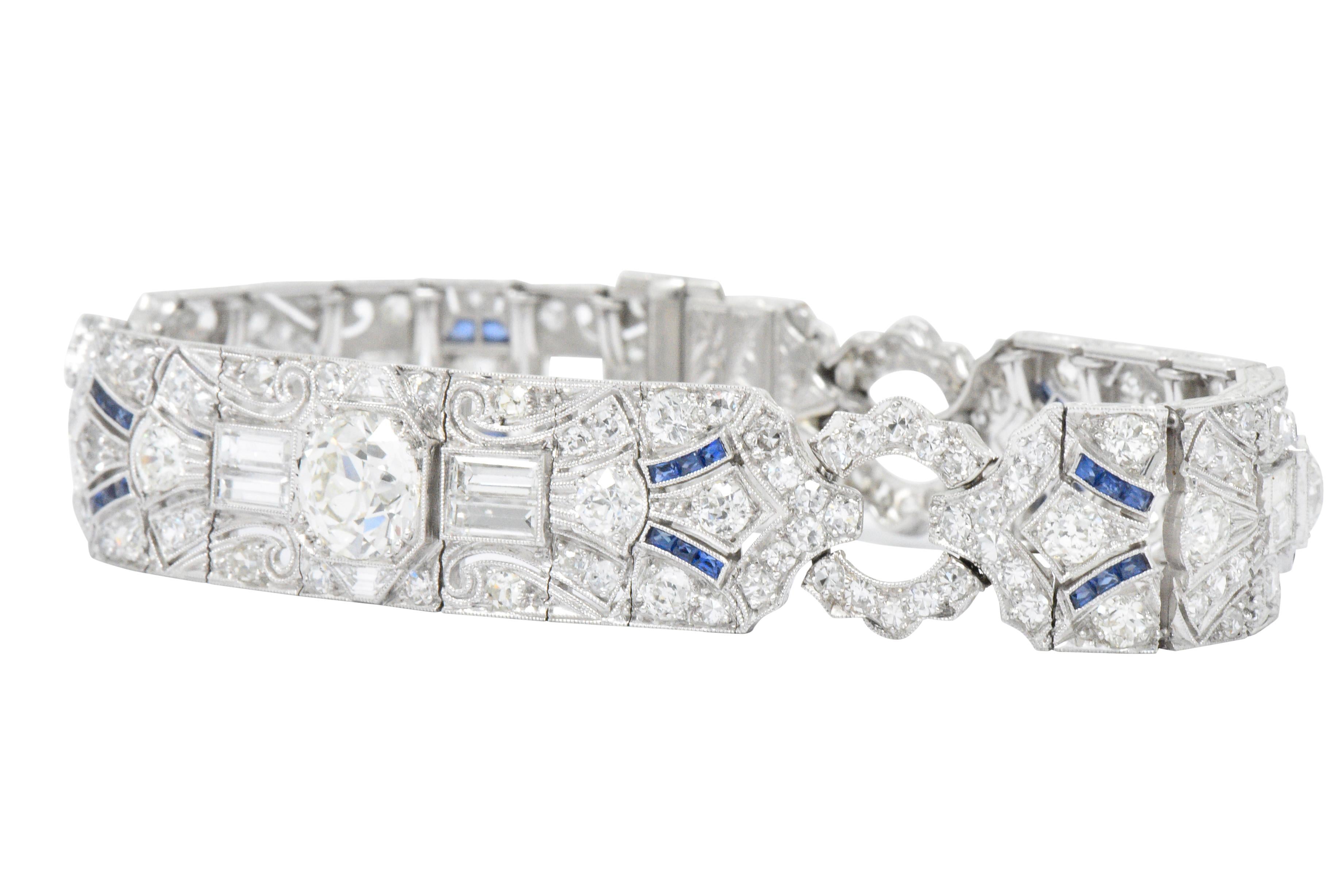 Amazing Art Deco 11.50 Carat Diamond Sapphire Platinum Bracelet In Excellent Condition In Philadelphia, PA
