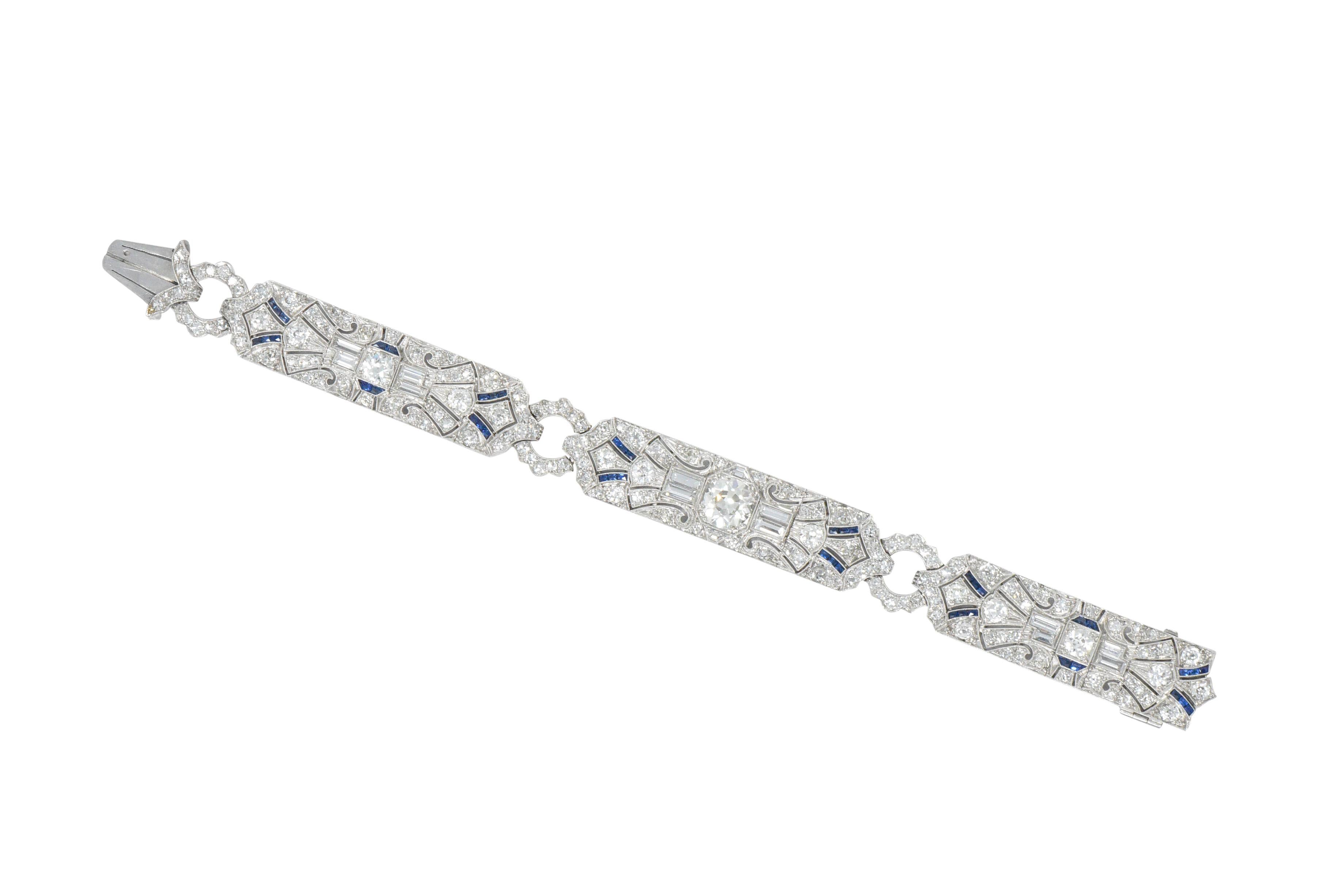 Amazing Art Deco 11.50 Carat Diamond Sapphire Platinum Bracelet 3
