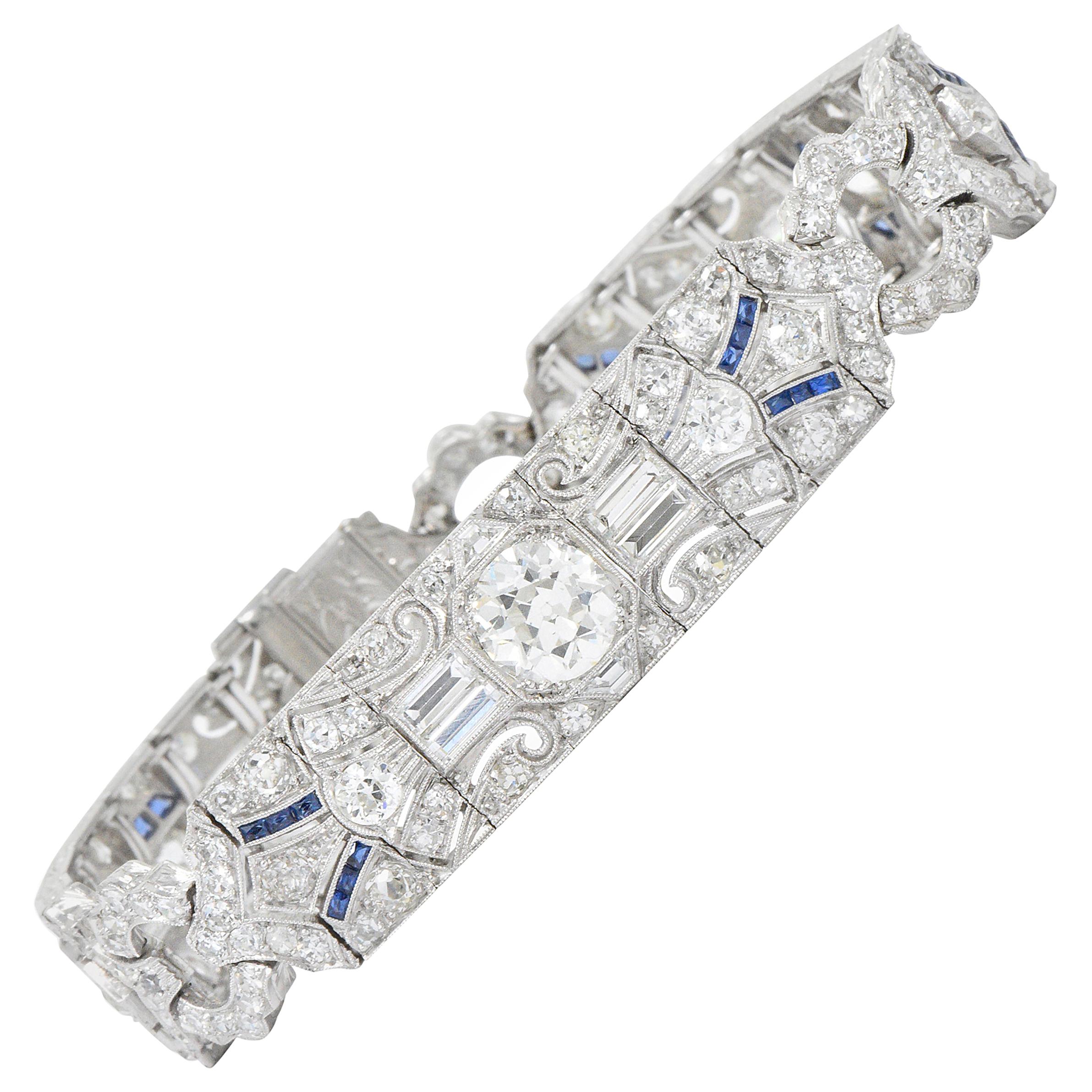 Amazing Art Deco 11.50 Carat Diamond Sapphire Platinum Bracelet