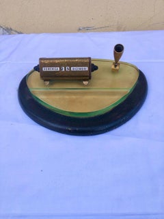 Amazing, Art Deco Desk Set with Perpetual Calendar, Brass, Glass and Leather