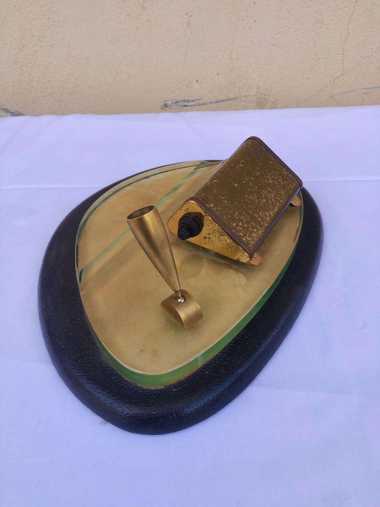 Italian Amazing, Art Deco Desk Set with Perpetual Calendar, Brass, Glass and Leather For Sale