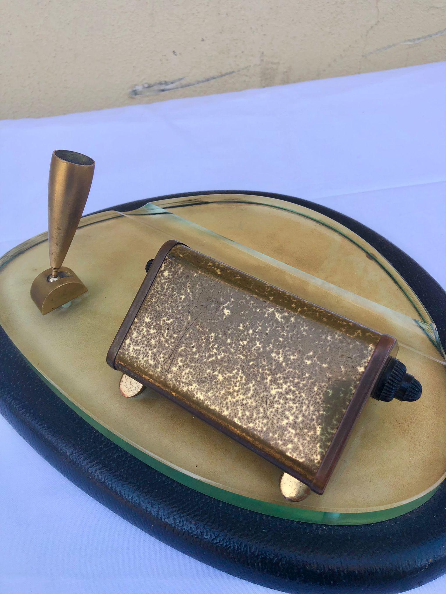 Mid-20th Century Amazing, Art Deco Desk Set with Perpetual Calendar, Brass, Glass and Leather For Sale