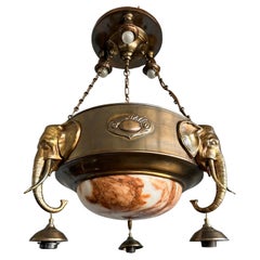 Amazing Art Deco & Koi Color Alabaster and Brass Elephant Sculptures Chandelier