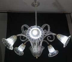 Splendido lampadario Art Déco in vetro di Murano a 5 luci, 1950