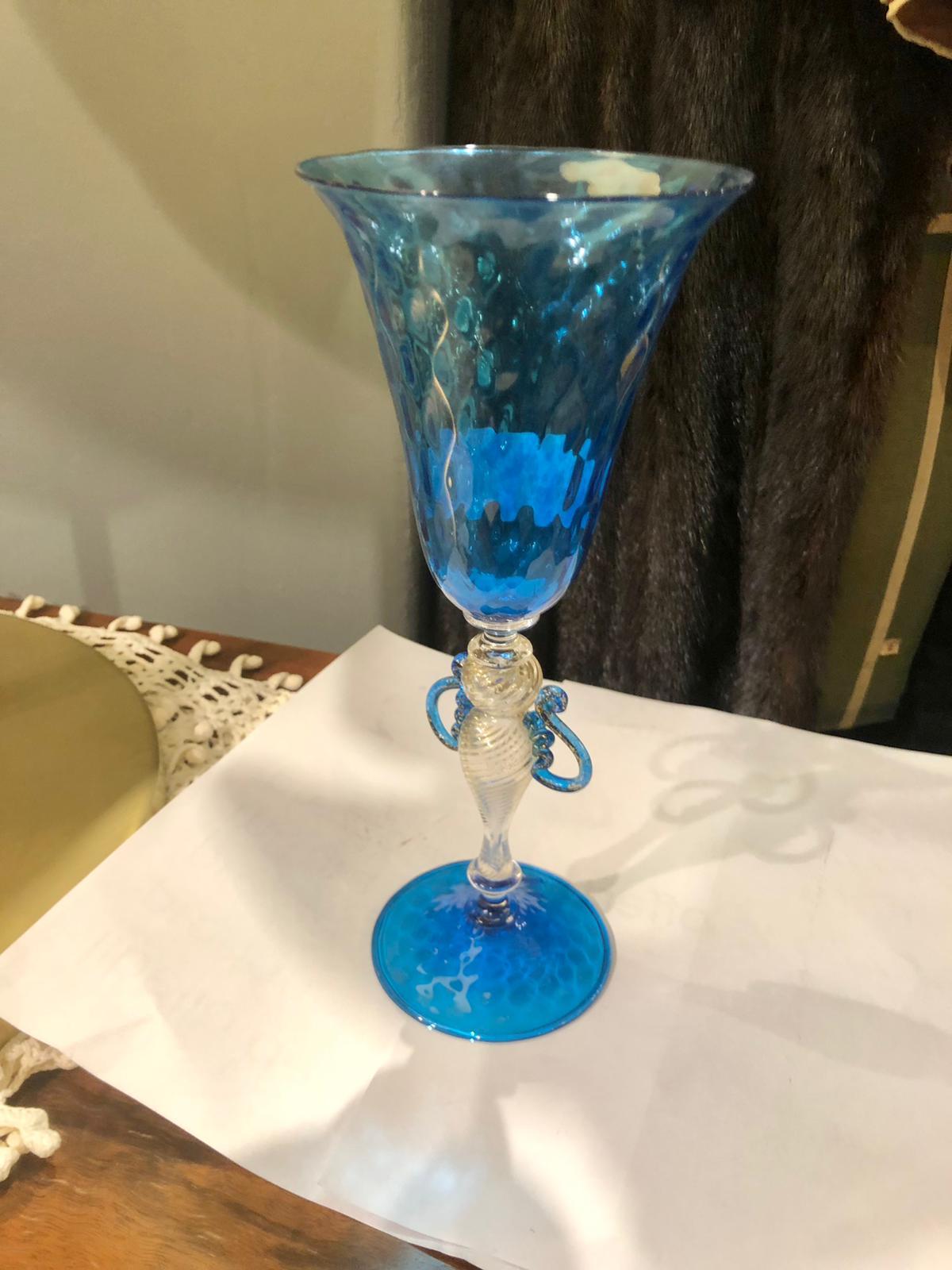 Refined artistic glass goblet, Italy, Murano production around the 70s. Original brand present in Nason production. Goblet with a particular design, in clear glass handmade in shades of Blue. Perfect condition.