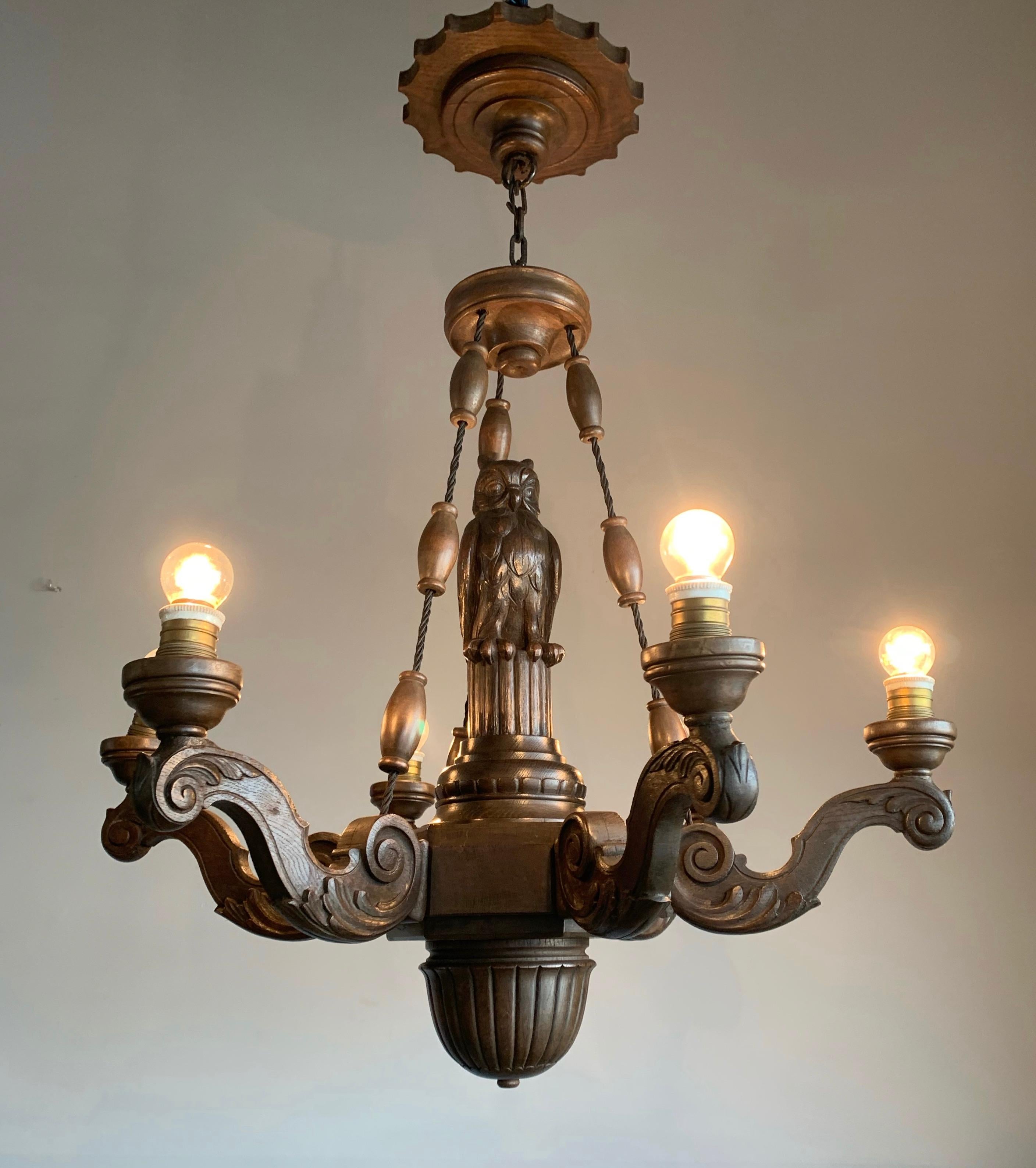 Amazing Arts & Crafts 6-Light Chandelier with Owl Sculpture and Alabaster Shades 3