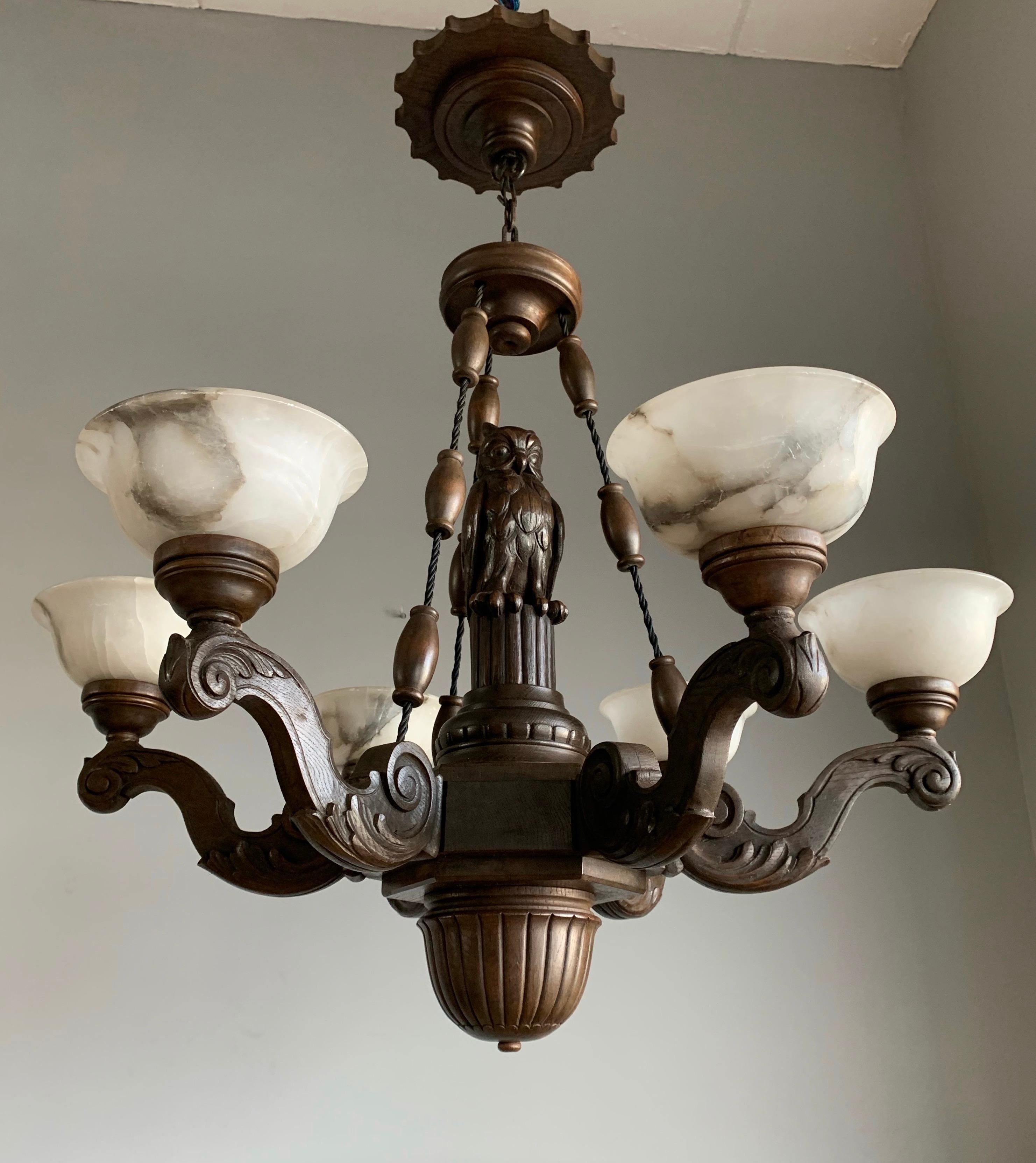 Amazing Arts & Crafts 6-Light Chandelier with Owl Sculpture and Alabaster Shades 4
