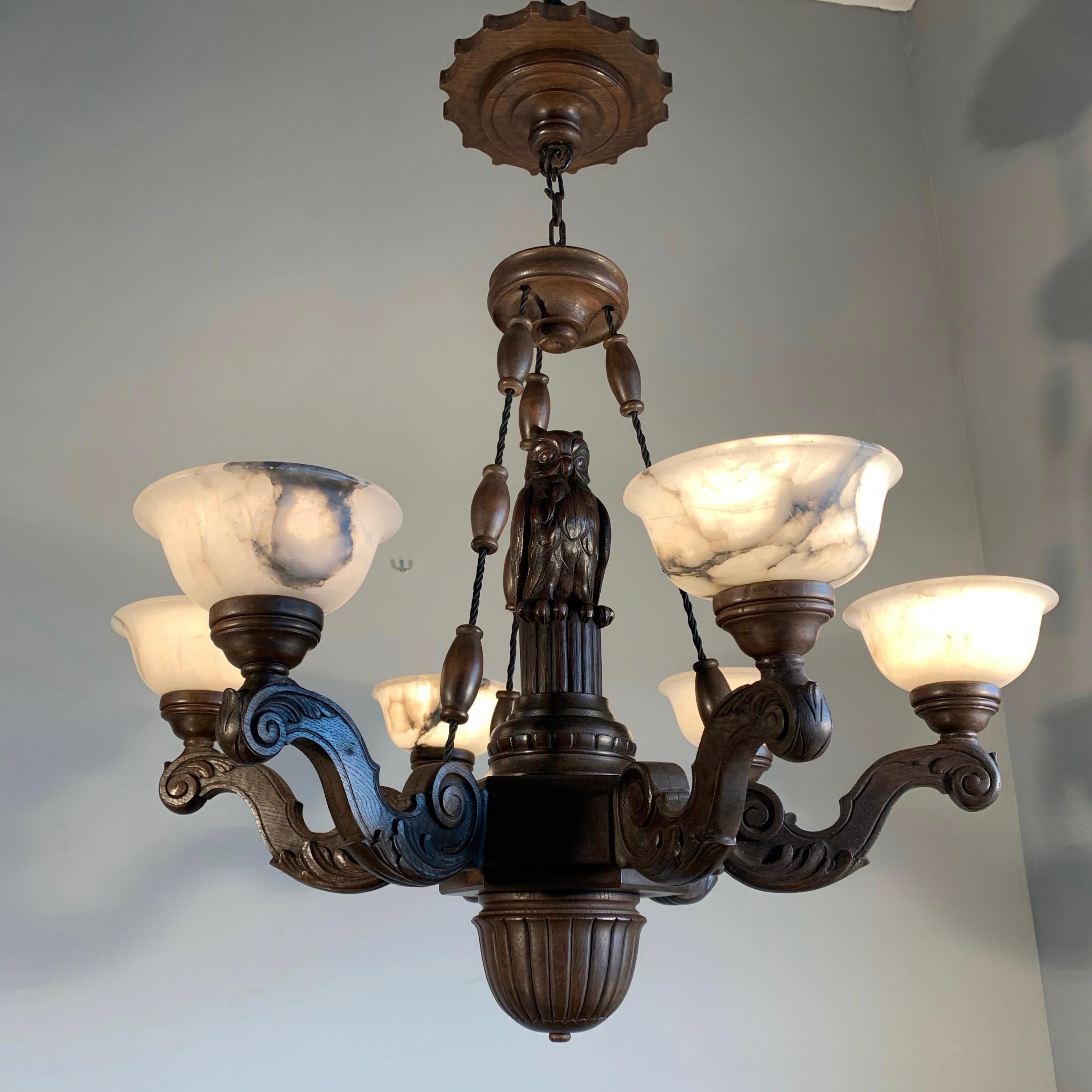 Amazing Arts & Crafts 6-Light Chandelier with Owl Sculpture and Alabaster Shades 5