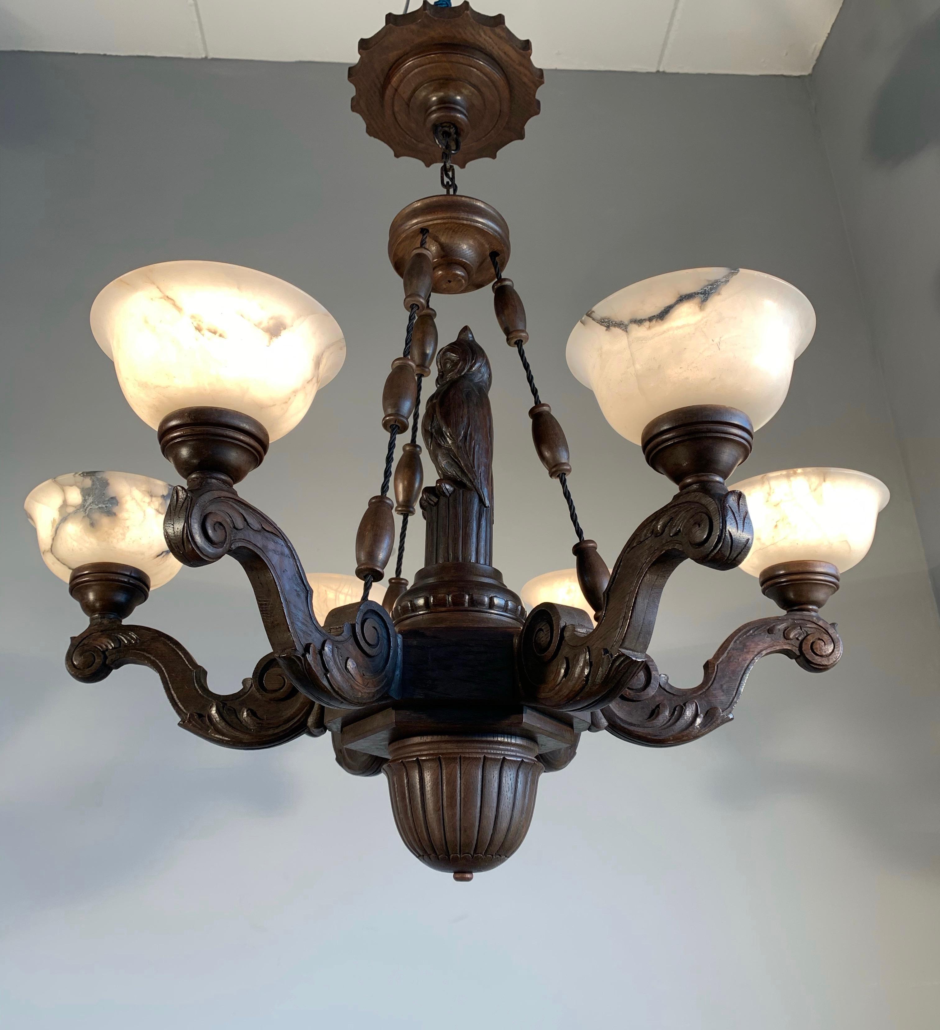 Amazing Arts & Crafts 6-Light Chandelier with Owl Sculpture and Alabaster Shades 13