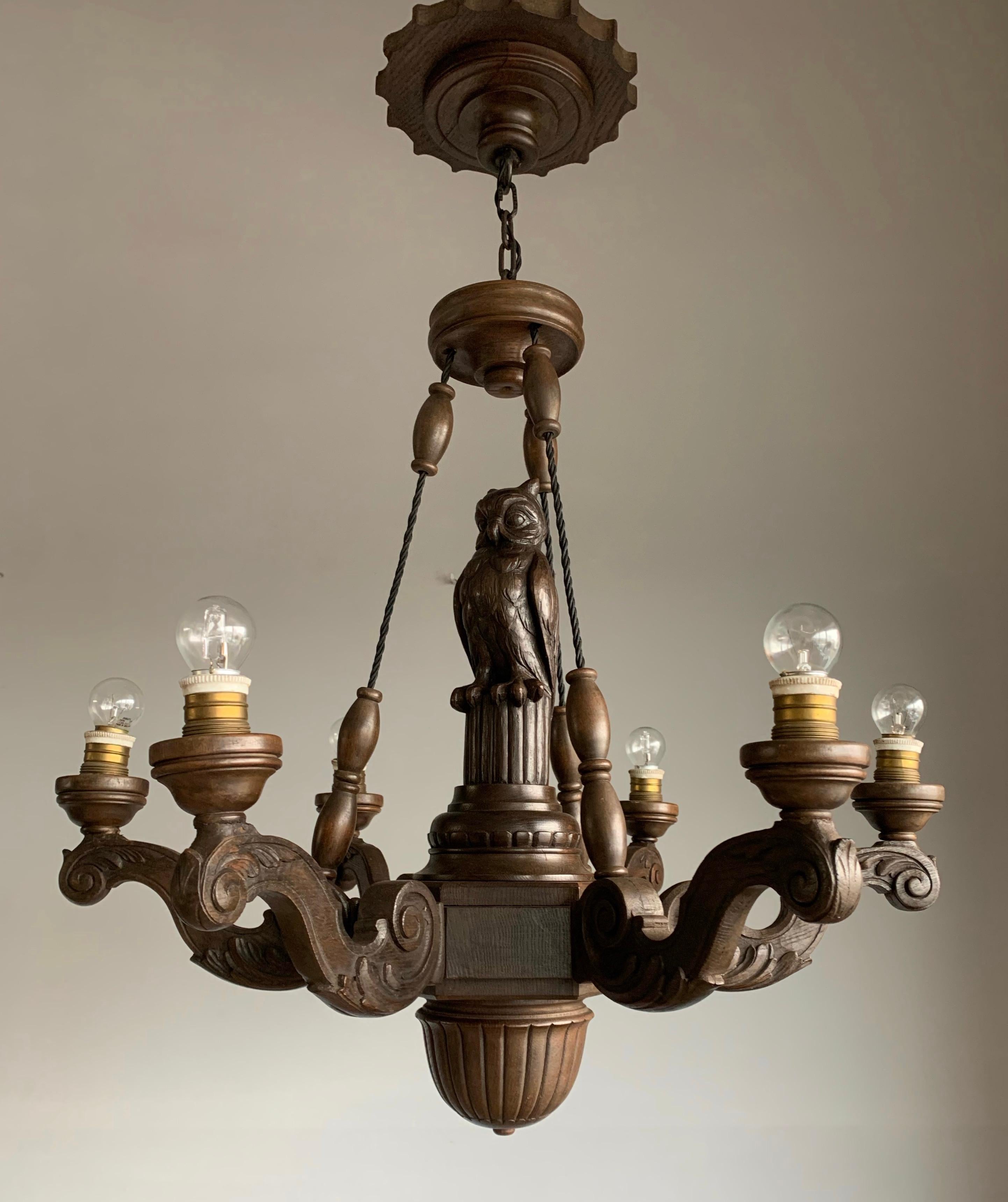 Arts and Crafts Amazing Arts & Crafts 6-Light Chandelier with Owl Sculpture and Alabaster Shades