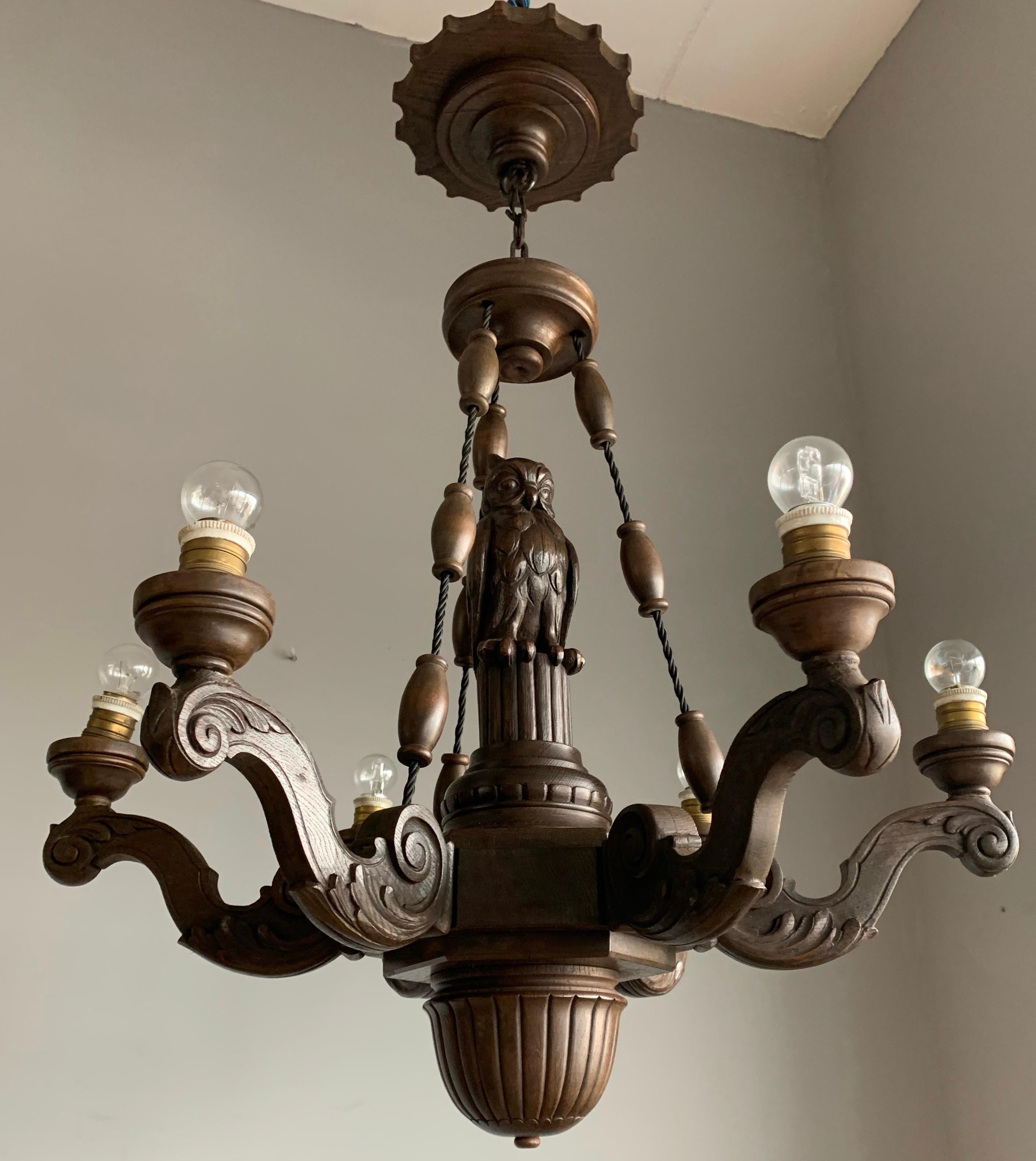 Amazing Arts & Crafts 6-Light Chandelier with Owl Sculpture and Alabaster Shades 1