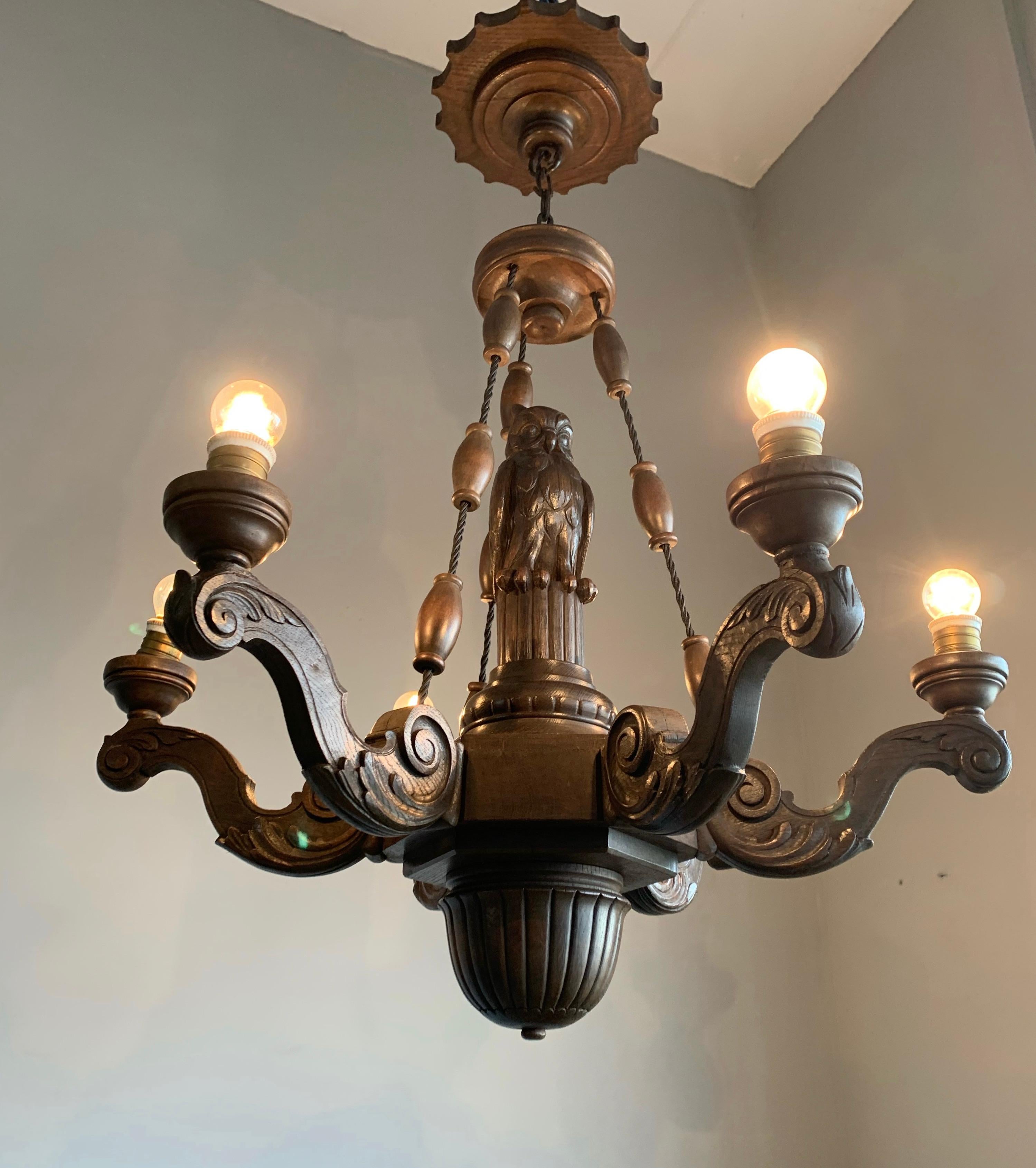 Amazing Arts & Crafts 6-Light Chandelier with Owl Sculpture and Alabaster Shades 2