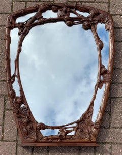 Amazing Arts & Crafts Nutwood Wall or Fireplace Mirror with Hand Carved Animals