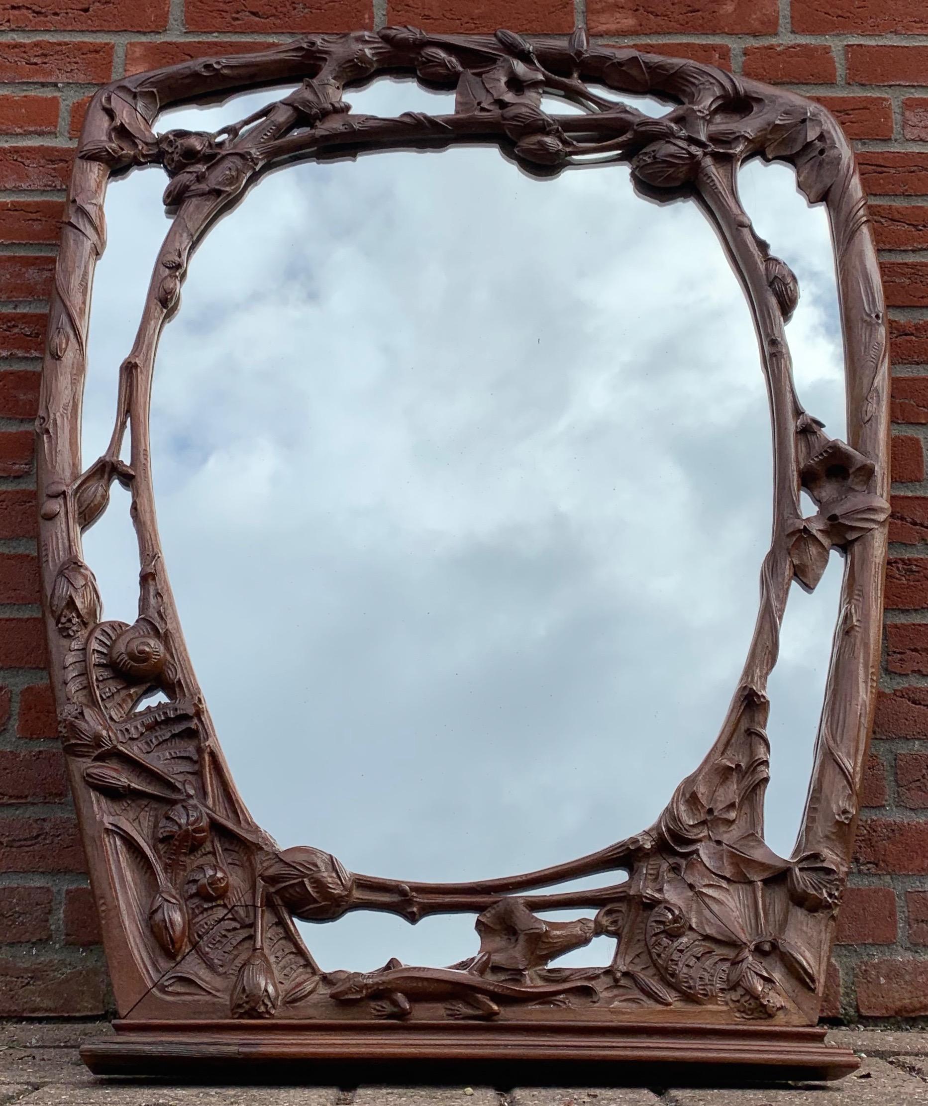 Amazing Arts & Crafts Nutwood Wall or Fireplace Mirror with Hand Carved Animals 13