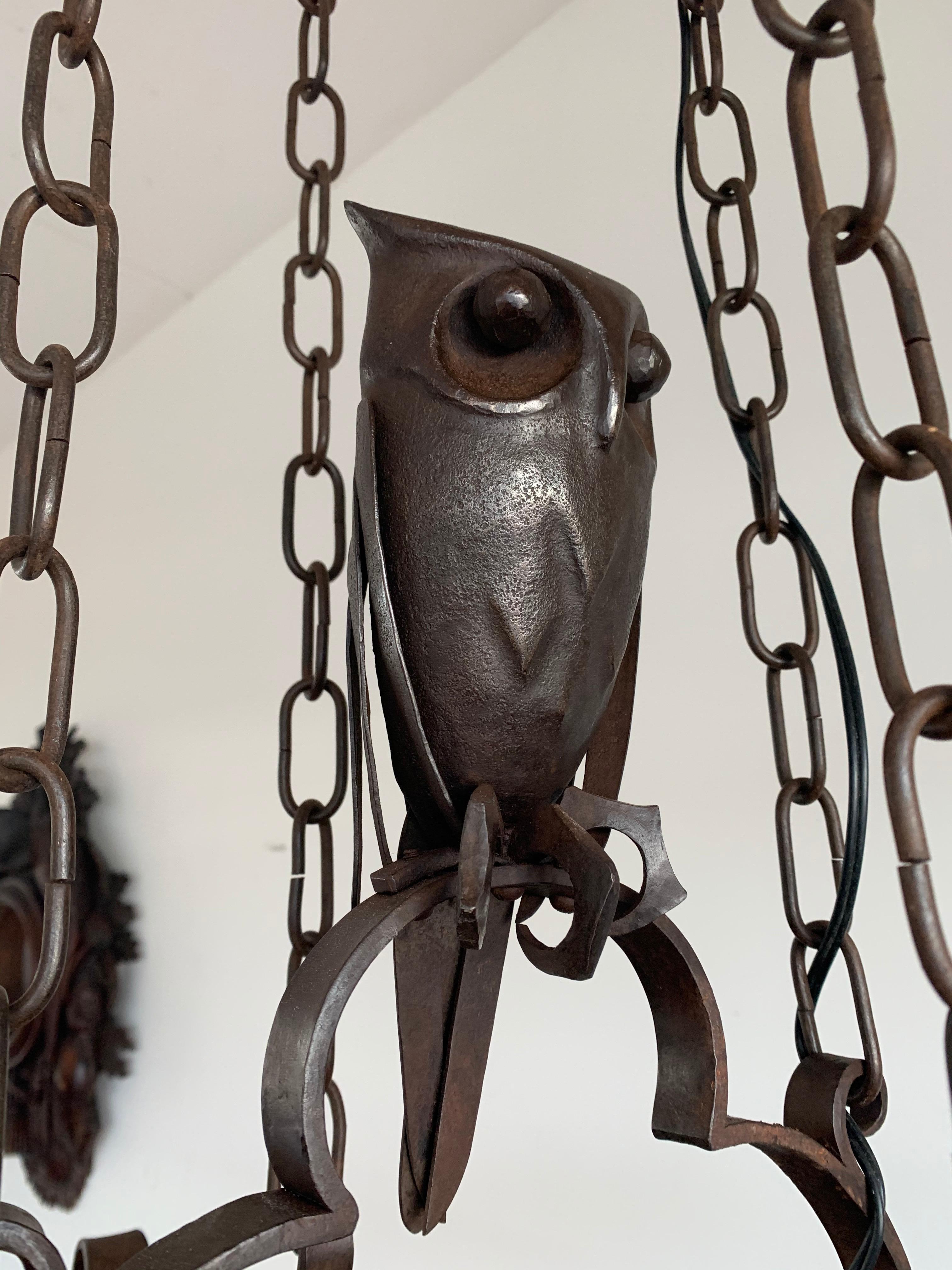 Amazing Arts and Crafts Wrought Iron Chandelier with Owl Sculpture, early 1900s 4