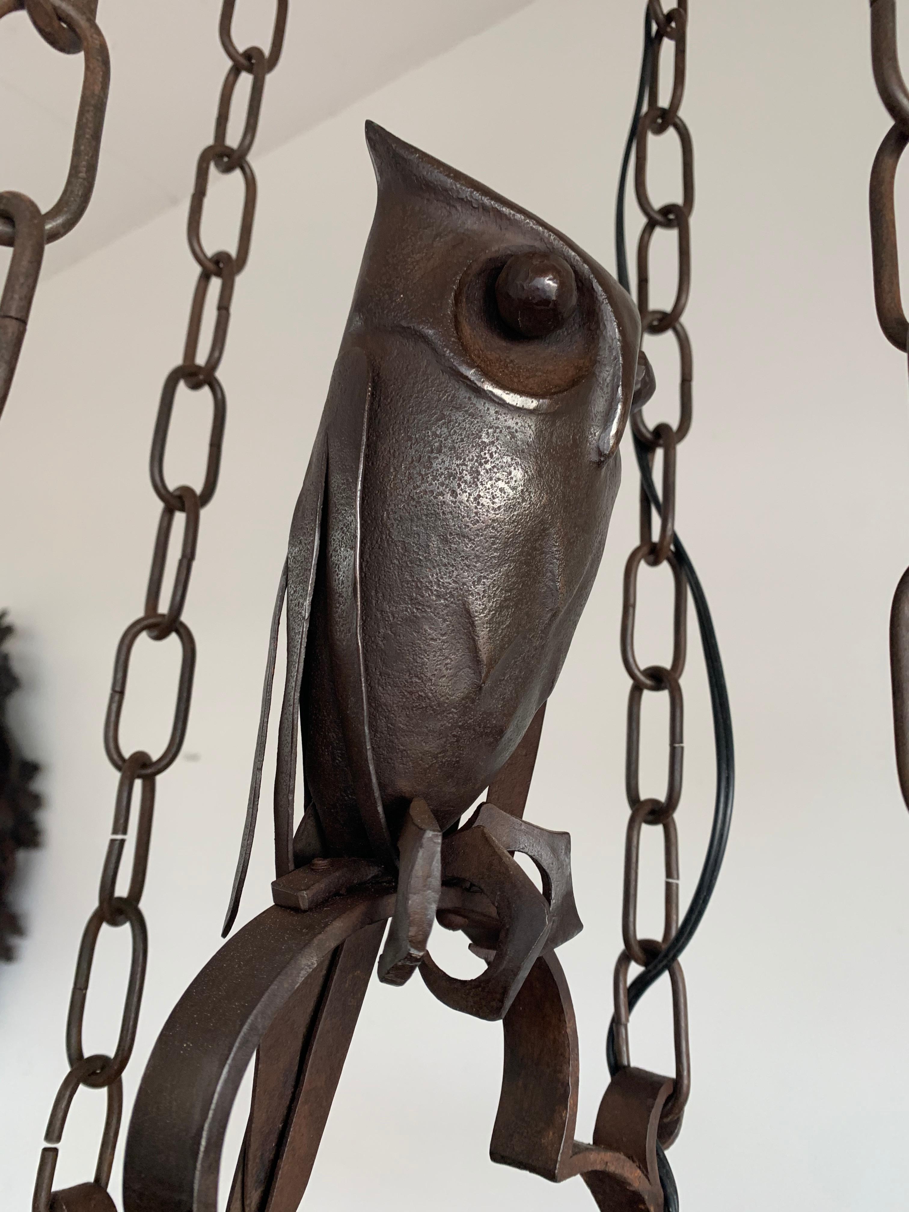 Amazing Arts and Crafts Wrought Iron Chandelier with Owl Sculpture, early 1900s 5