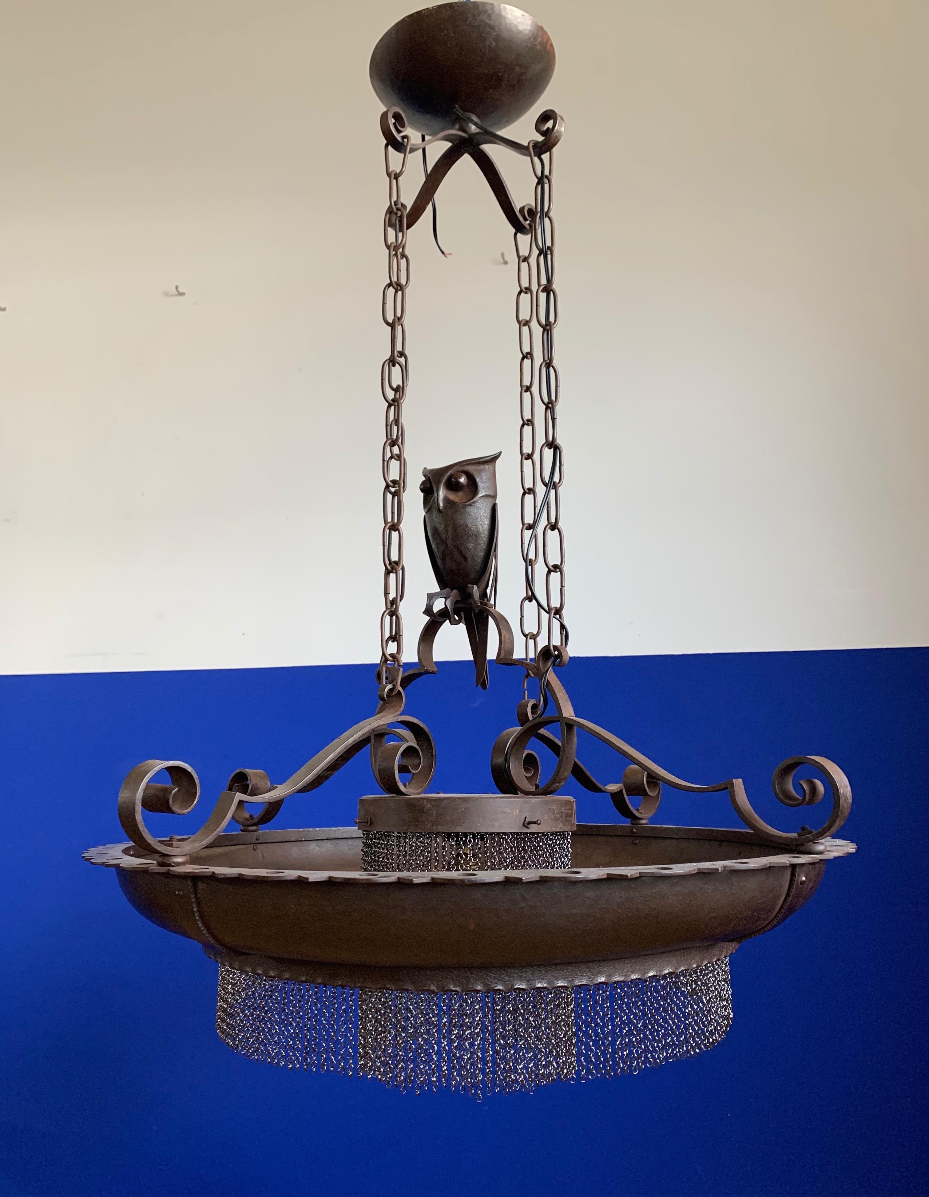 Amazing Arts and Crafts Wrought Iron Chandelier with Owl Sculpture, early 1900s 7