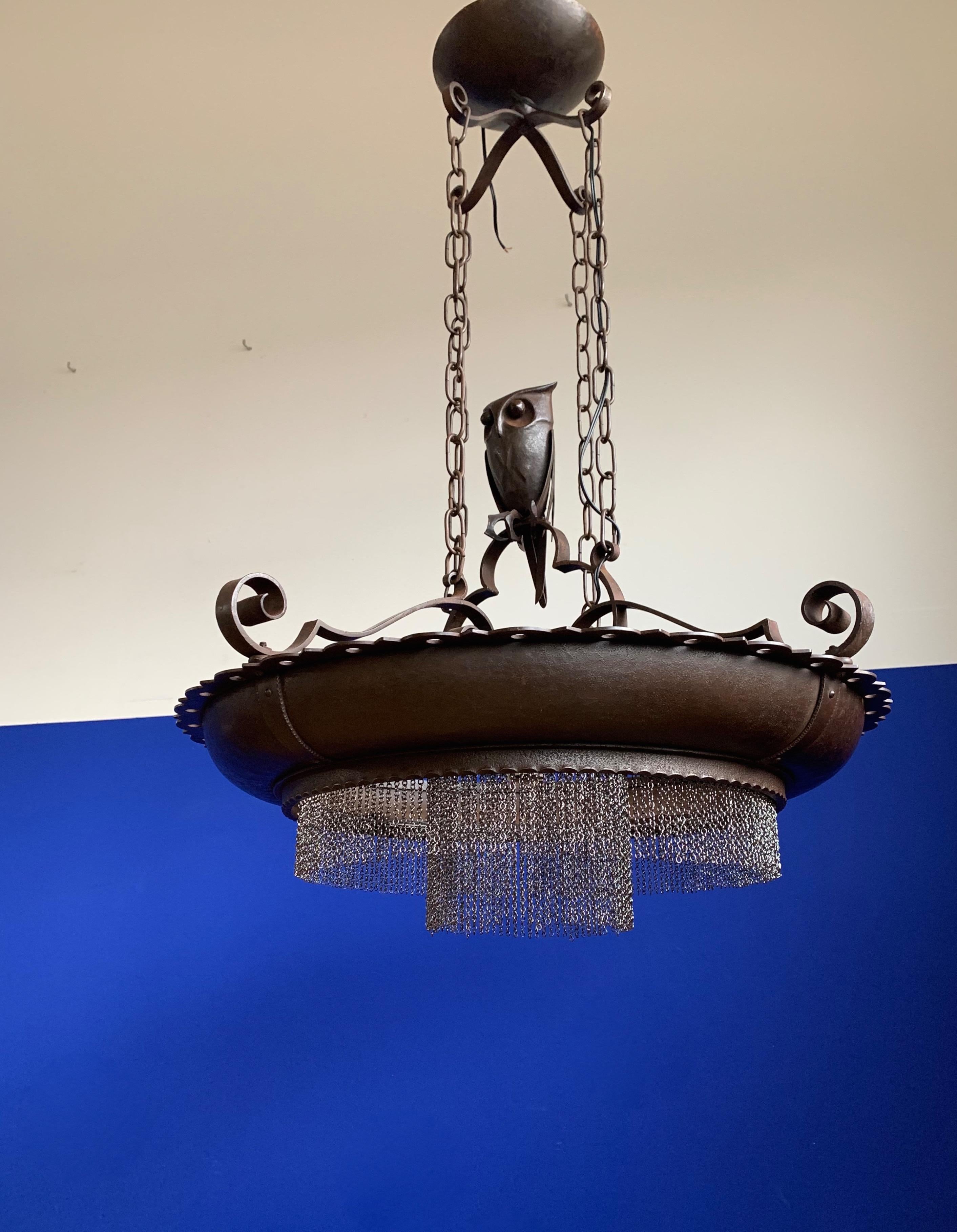Amazing Arts and Crafts Wrought Iron Chandelier with Owl Sculpture, early 1900s 8