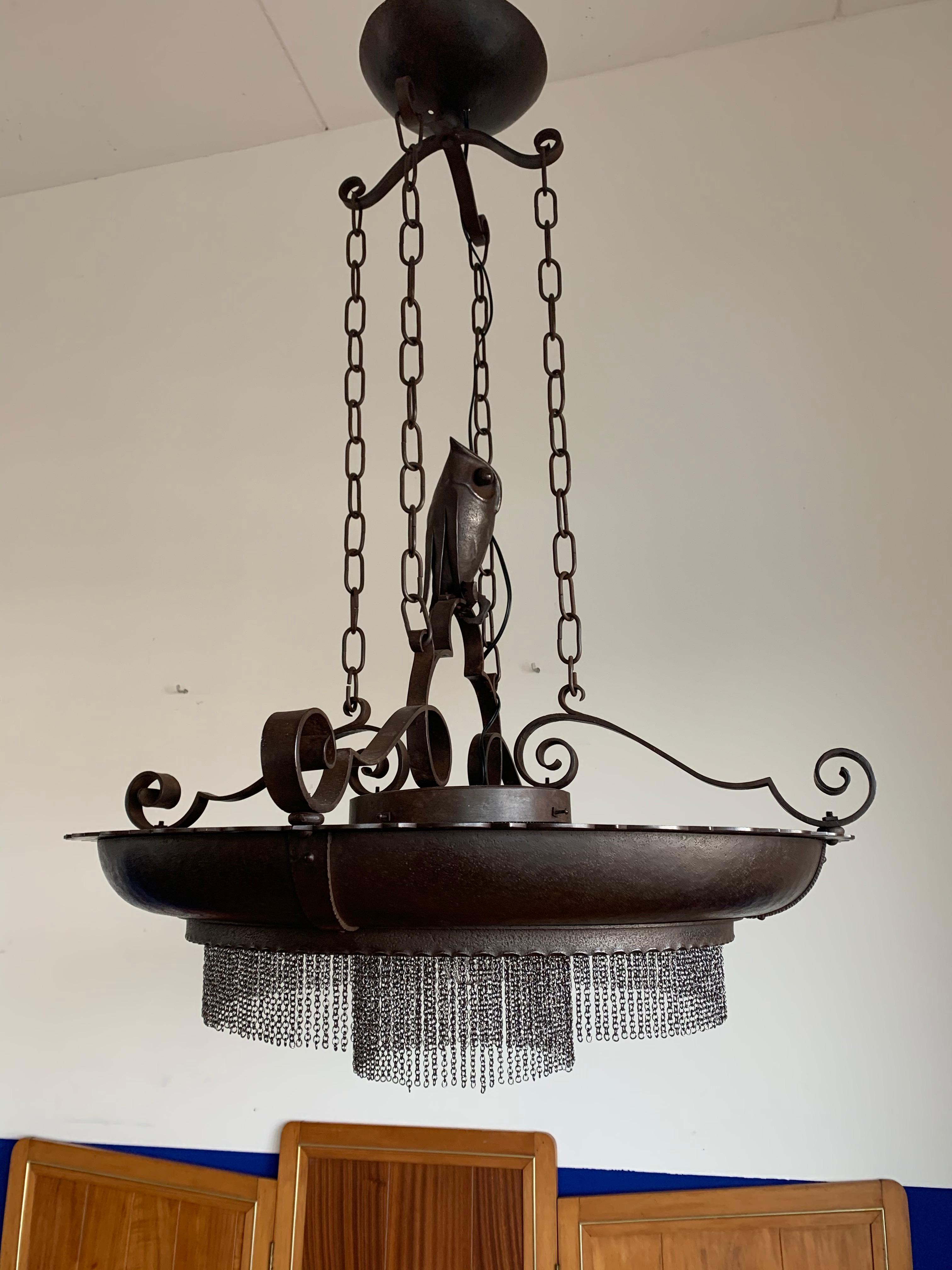 Amazing Arts and Crafts Wrought Iron Chandelier with Owl Sculpture, early 1900s 10