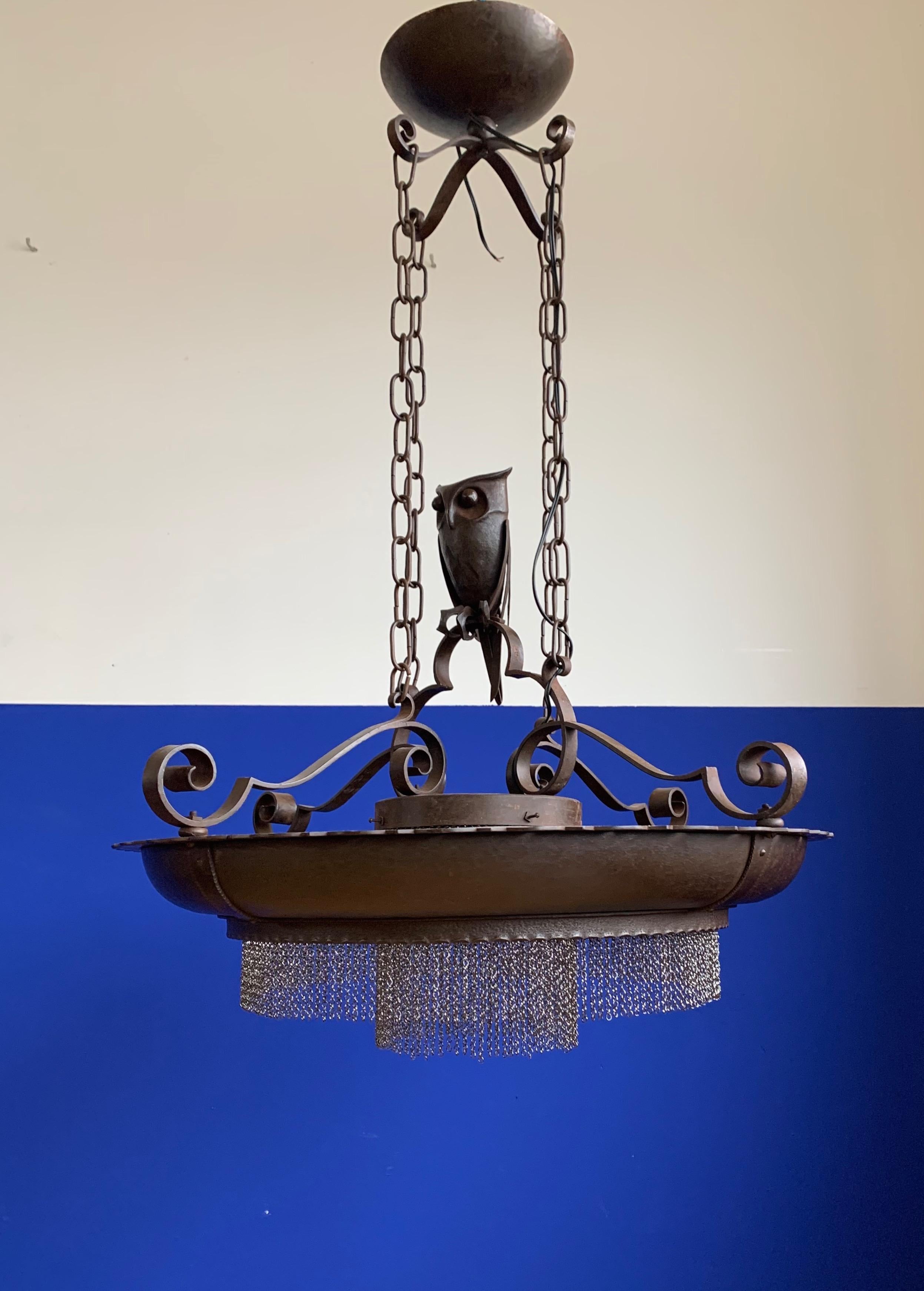European Amazing Arts and Crafts Wrought Iron Chandelier with Owl Sculpture, early 1900s