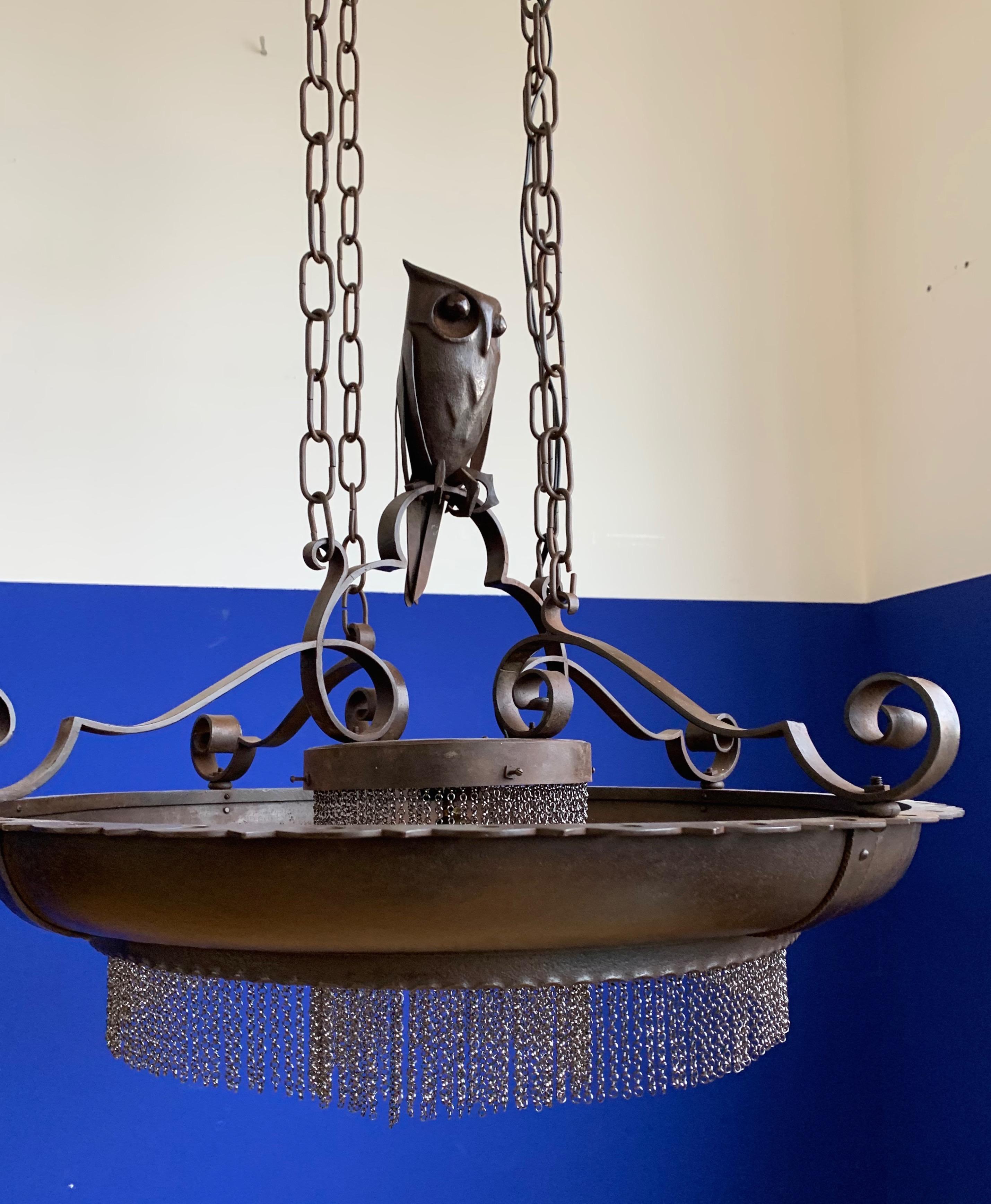 Hand-Crafted Amazing Arts and Crafts Wrought Iron Chandelier with Owl Sculpture, early 1900s