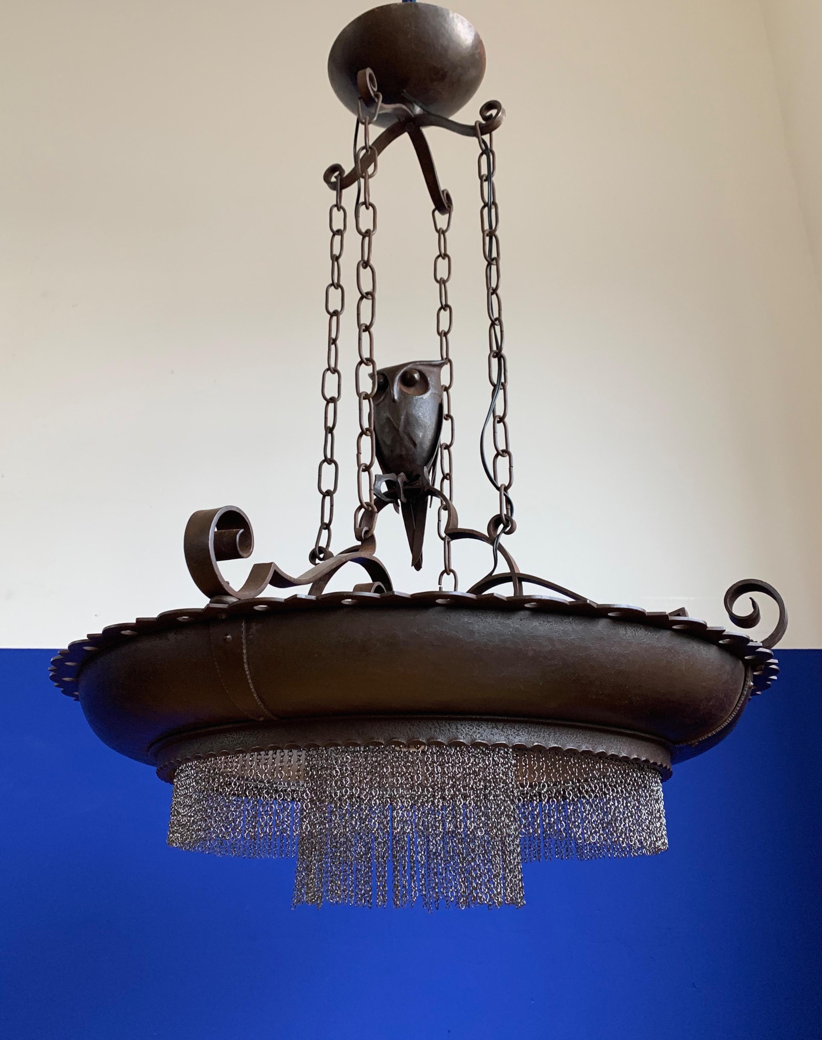 Amazing Arts and Crafts Wrought Iron Chandelier with Owl Sculpture, early 1900s 1