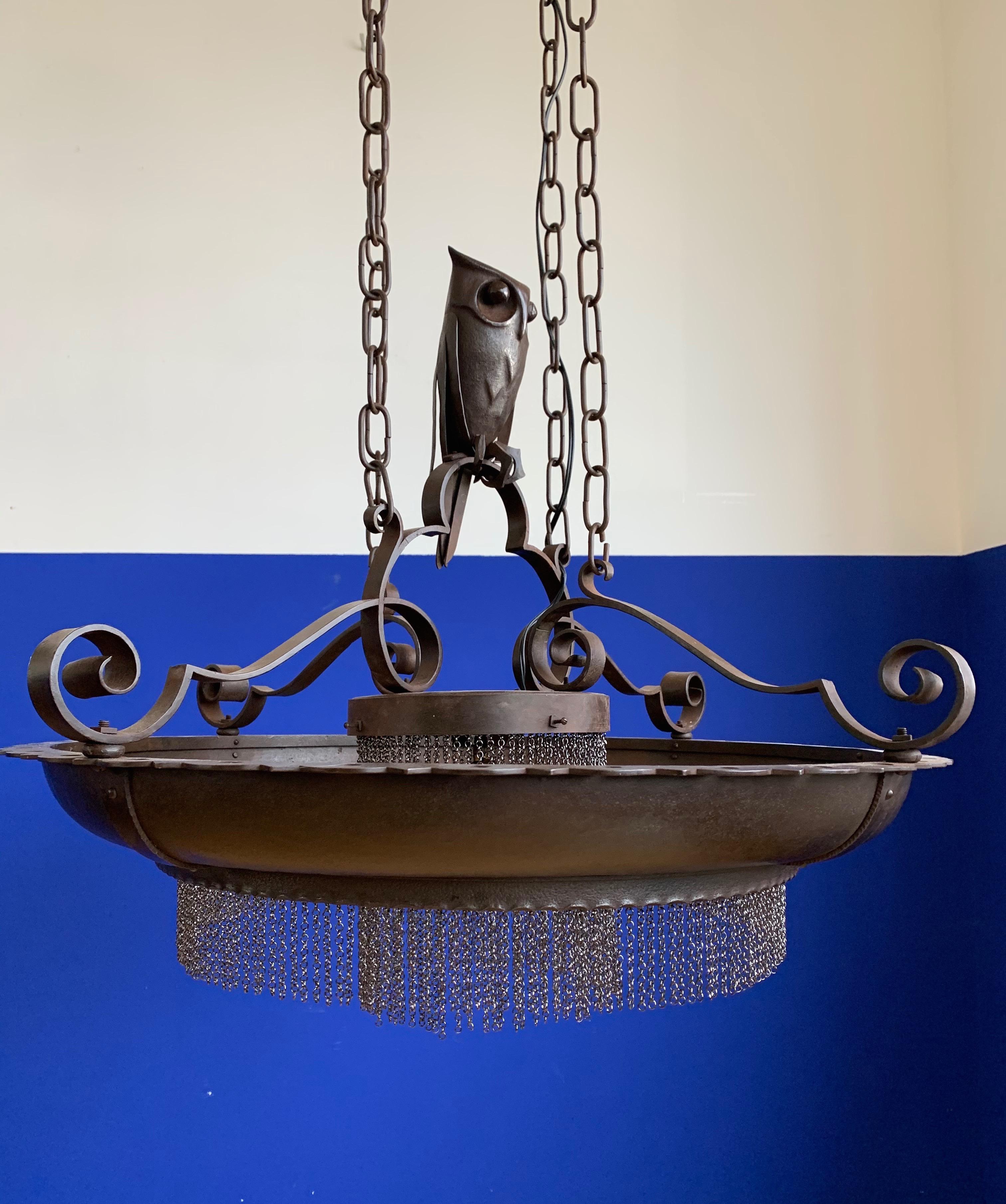 Amazing Arts and Crafts Wrought Iron Chandelier with Owl Sculpture, early 1900s 2