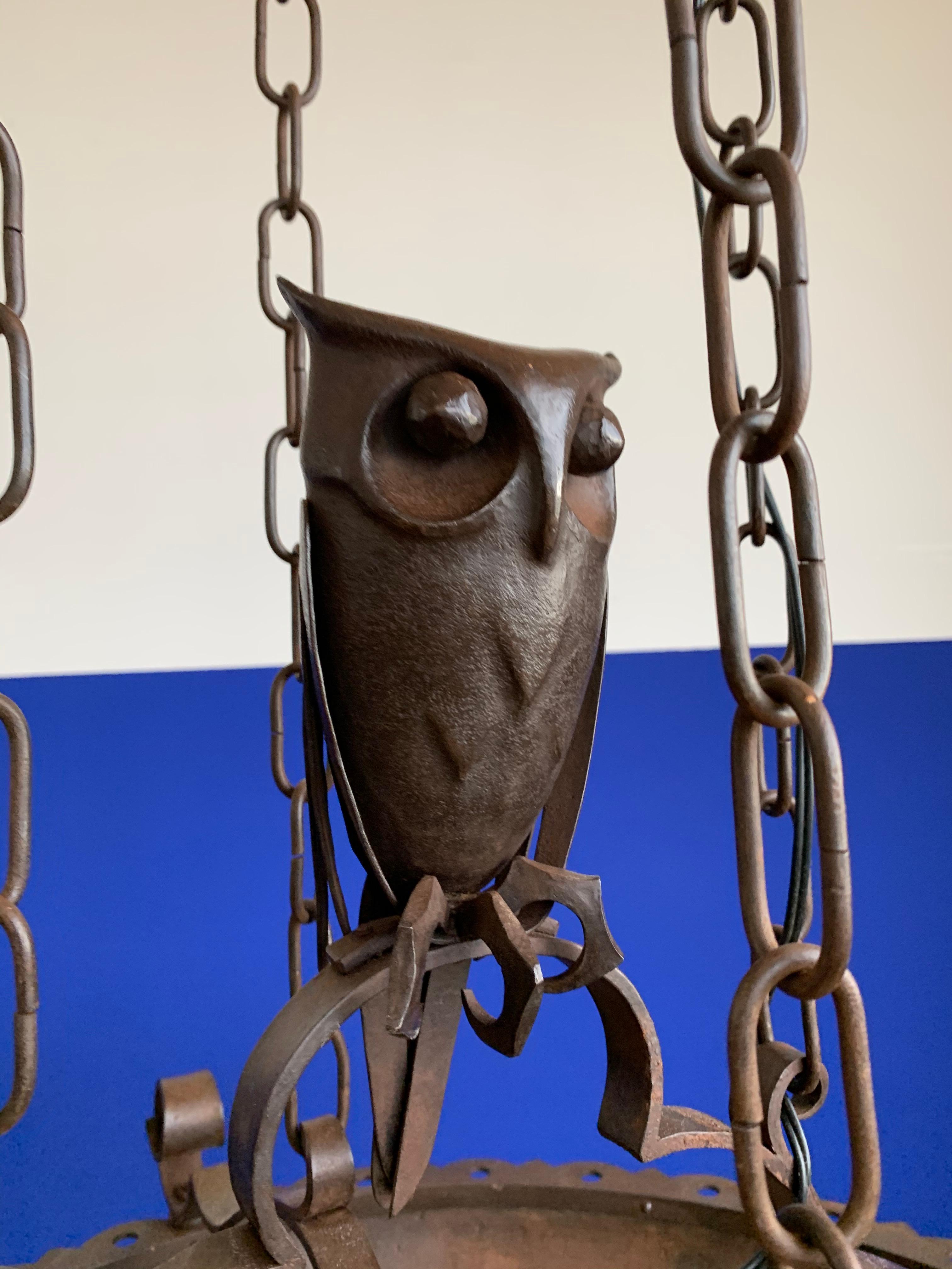 Amazing Arts and Crafts Wrought Iron Chandelier with Owl Sculpture, early 1900s 3