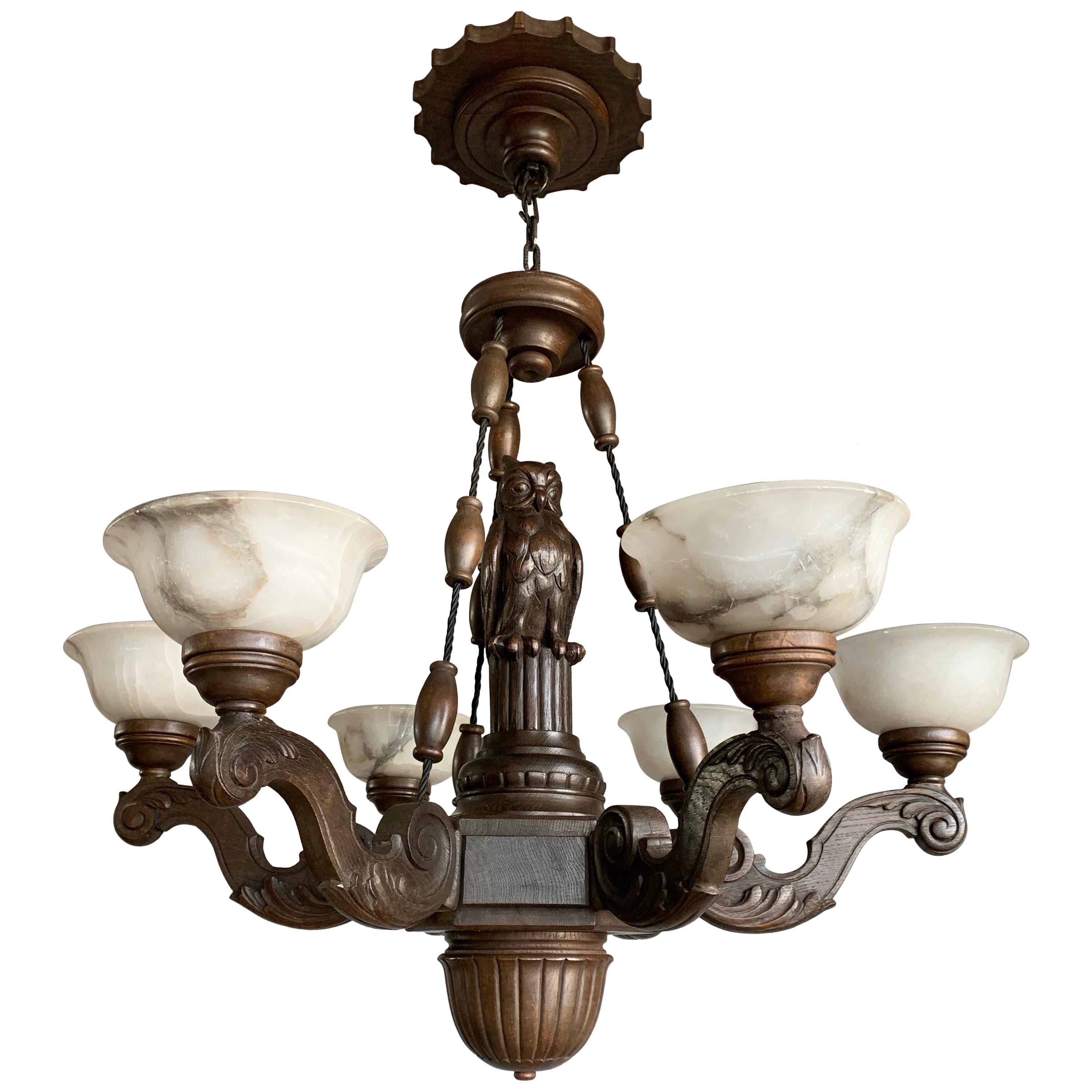 Amazing Arts & Crafts 6-Light Chandelier with Owl Sculpture and Alabaster Shades