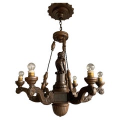 Amazing Arts & Crafts 6-Light Chandelier with Owl Sculpture and Alabaster Shades