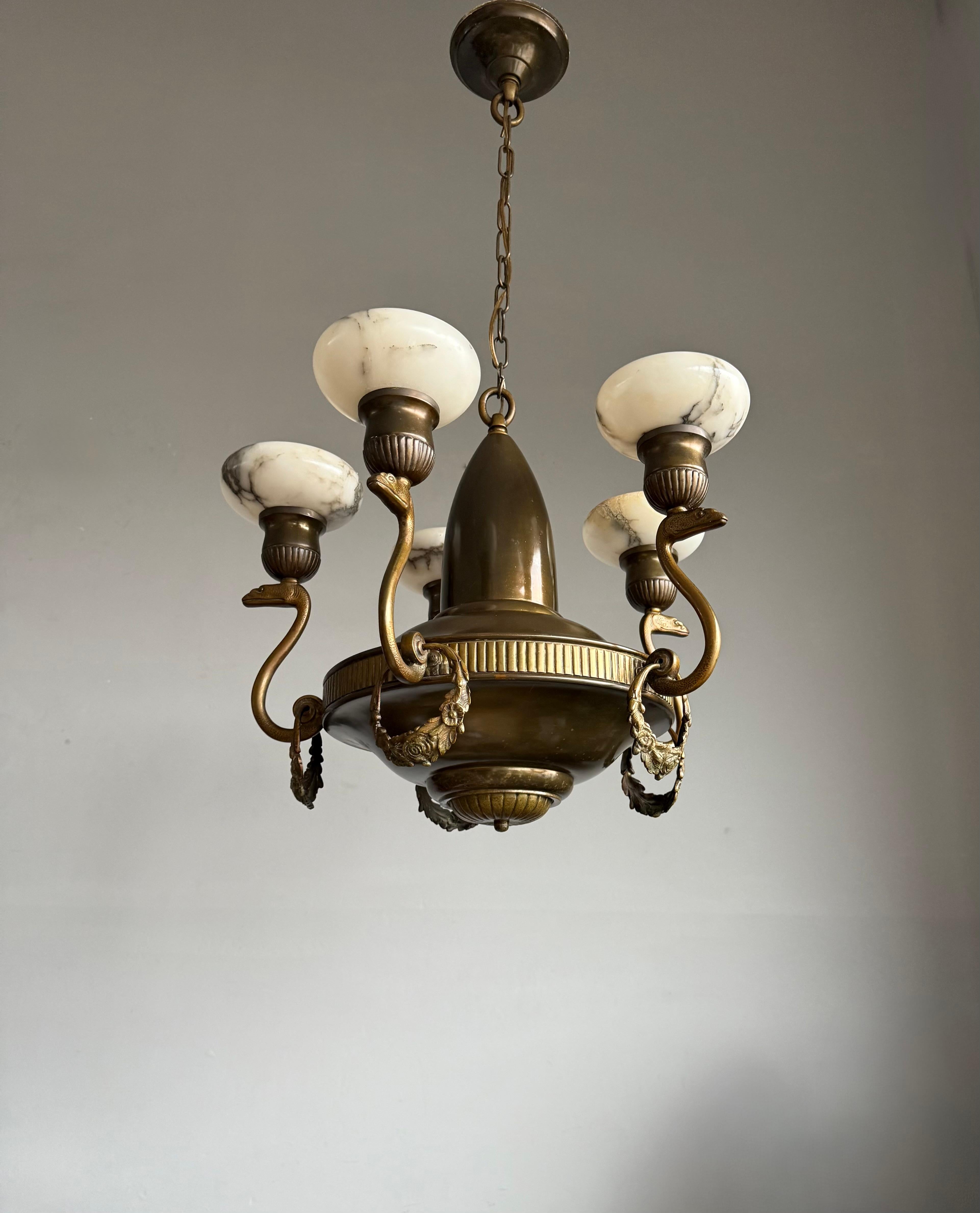 Amazing Arts & Crafts Bronze Chandelier w. Snake Sculptures and Alabaster Shades For Sale 2