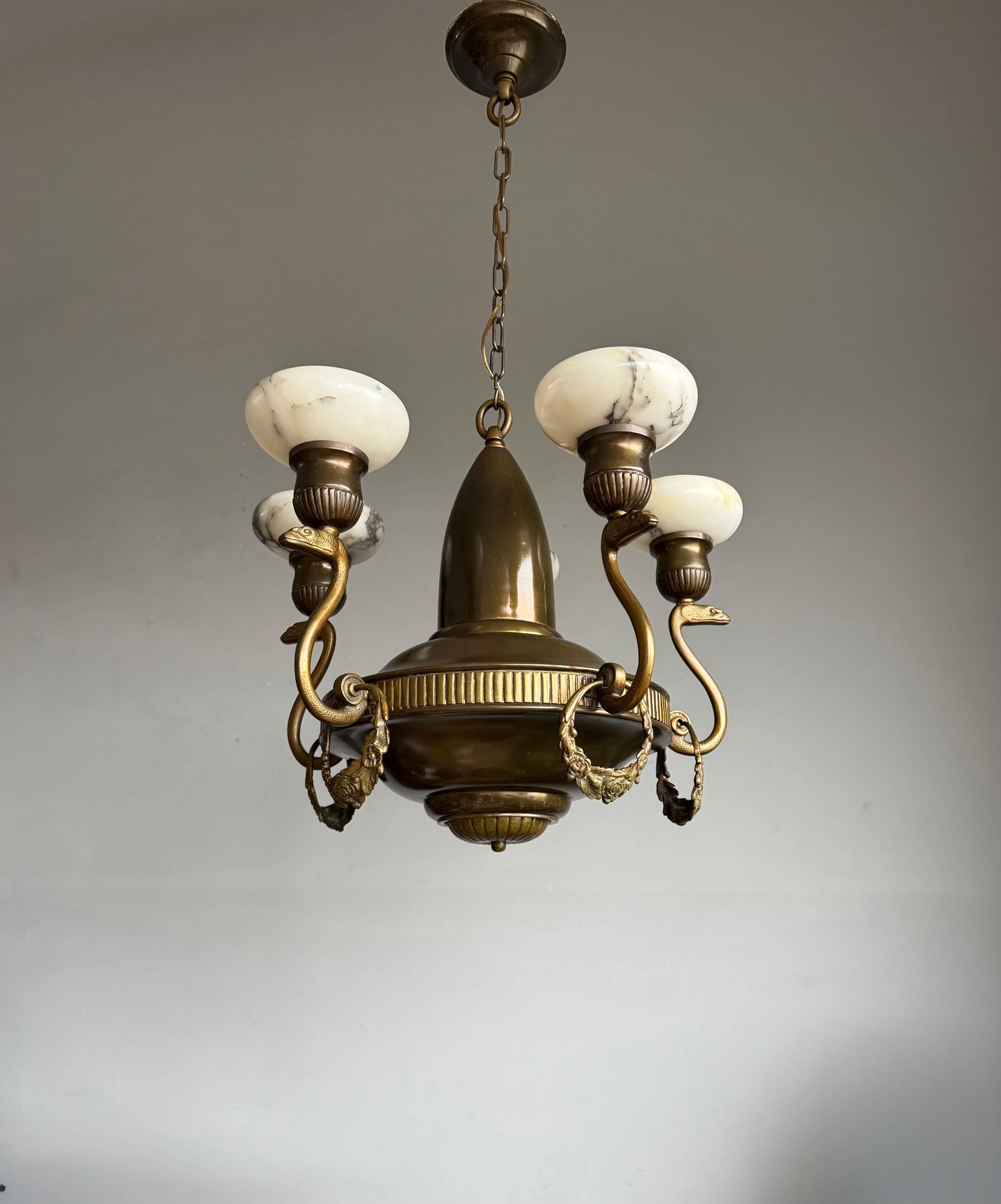 Amazing Arts & Crafts Bronze Chandelier w. Snake Sculptures and Alabaster Shades For Sale 3