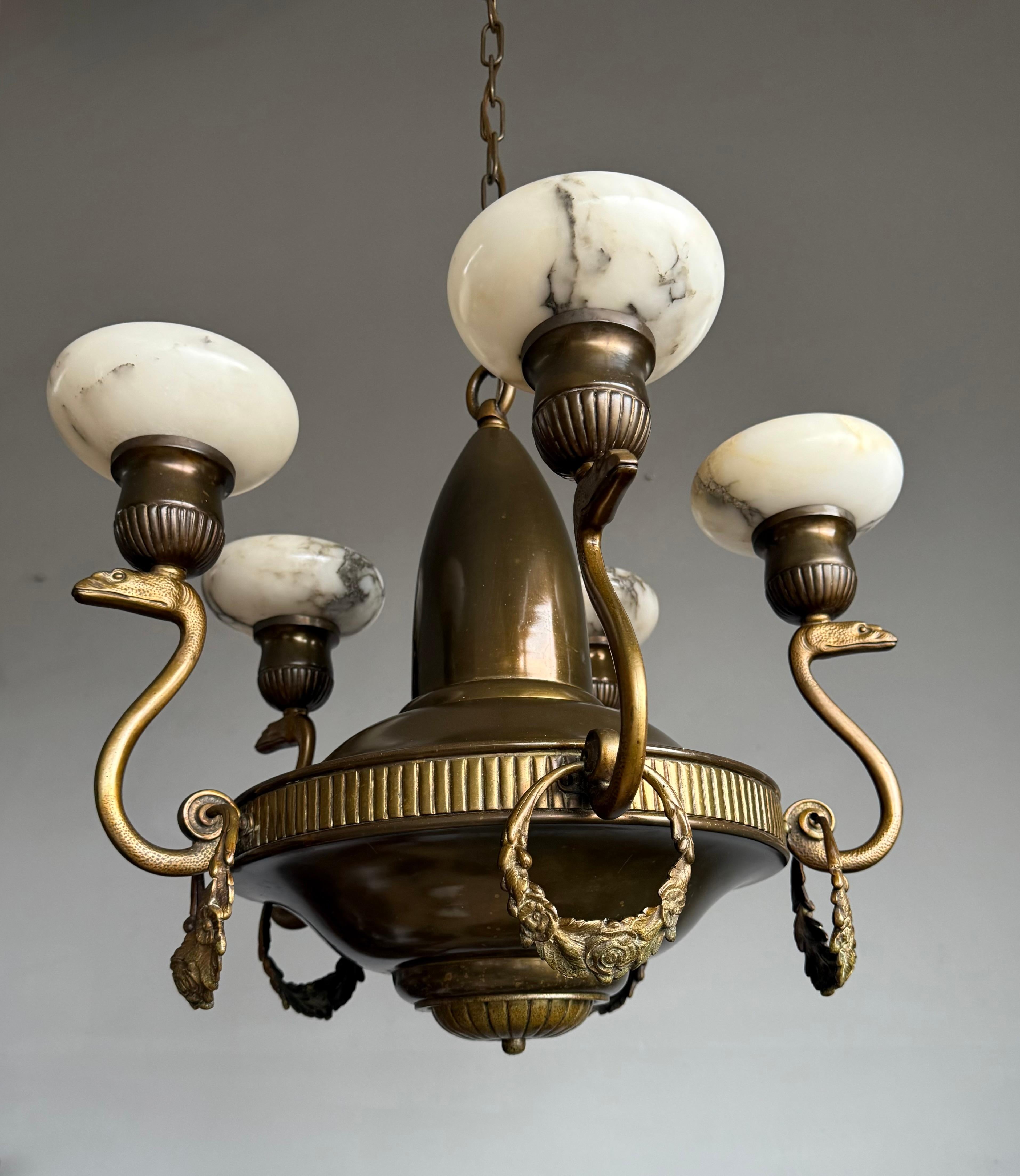 Amazing Arts & Crafts Bronze Chandelier w. Snake Sculptures and Alabaster Shades For Sale 4