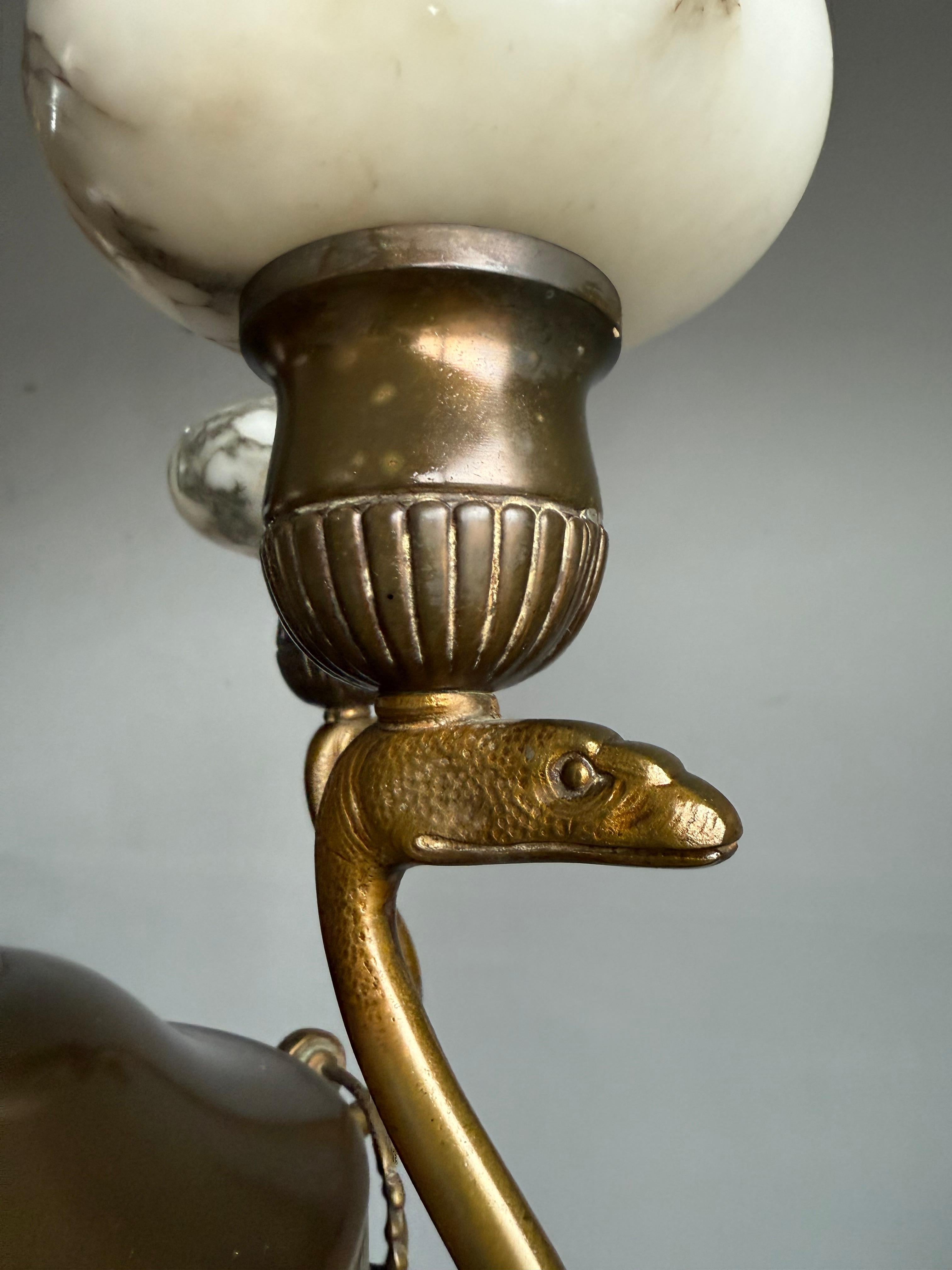 Amazing Arts & Crafts Bronze Chandelier w. Snake Sculptures and Alabaster Shades For Sale 5