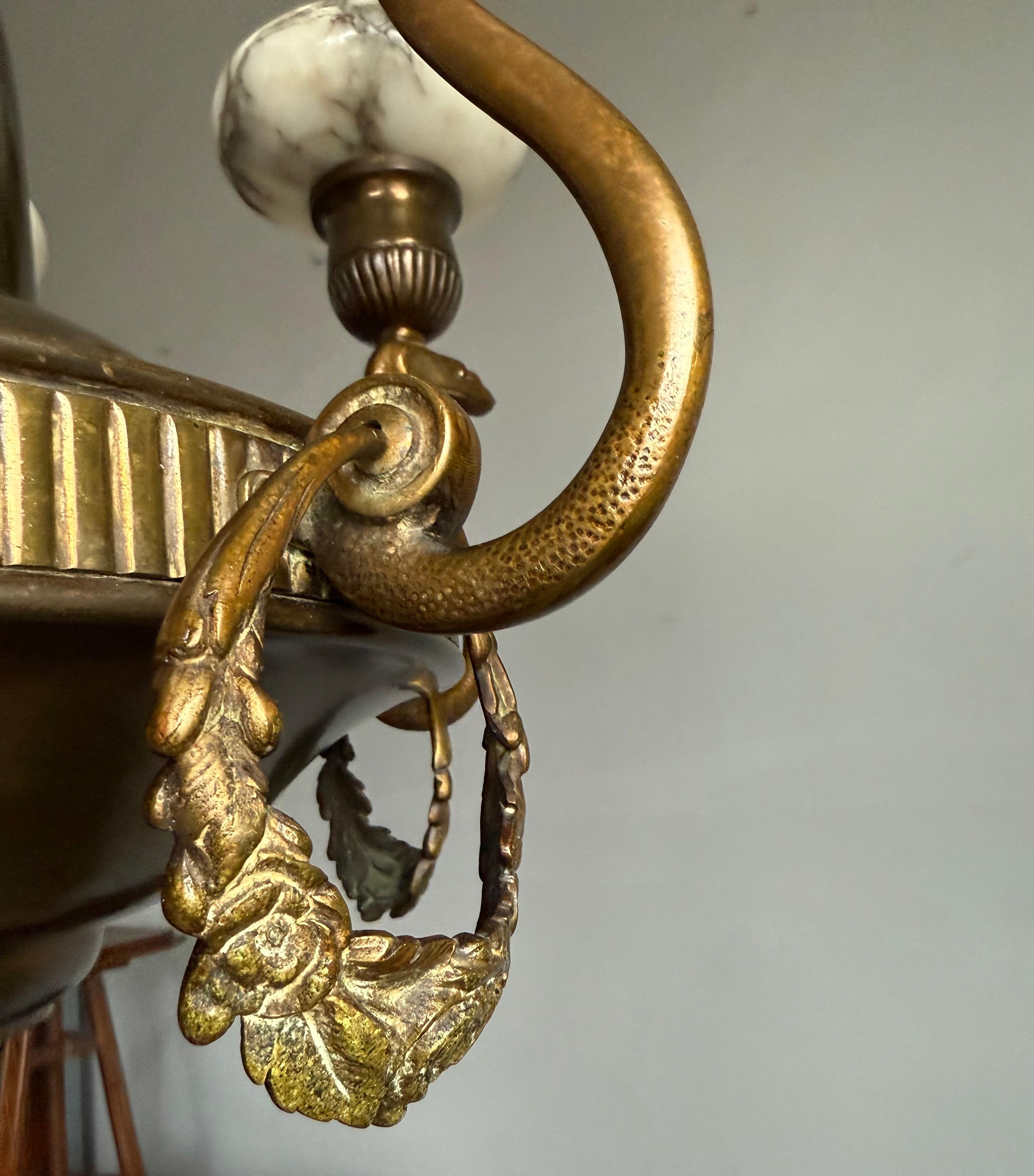 Amazing Arts & Crafts Bronze Chandelier w. Snake Sculptures and Alabaster Shades For Sale 6