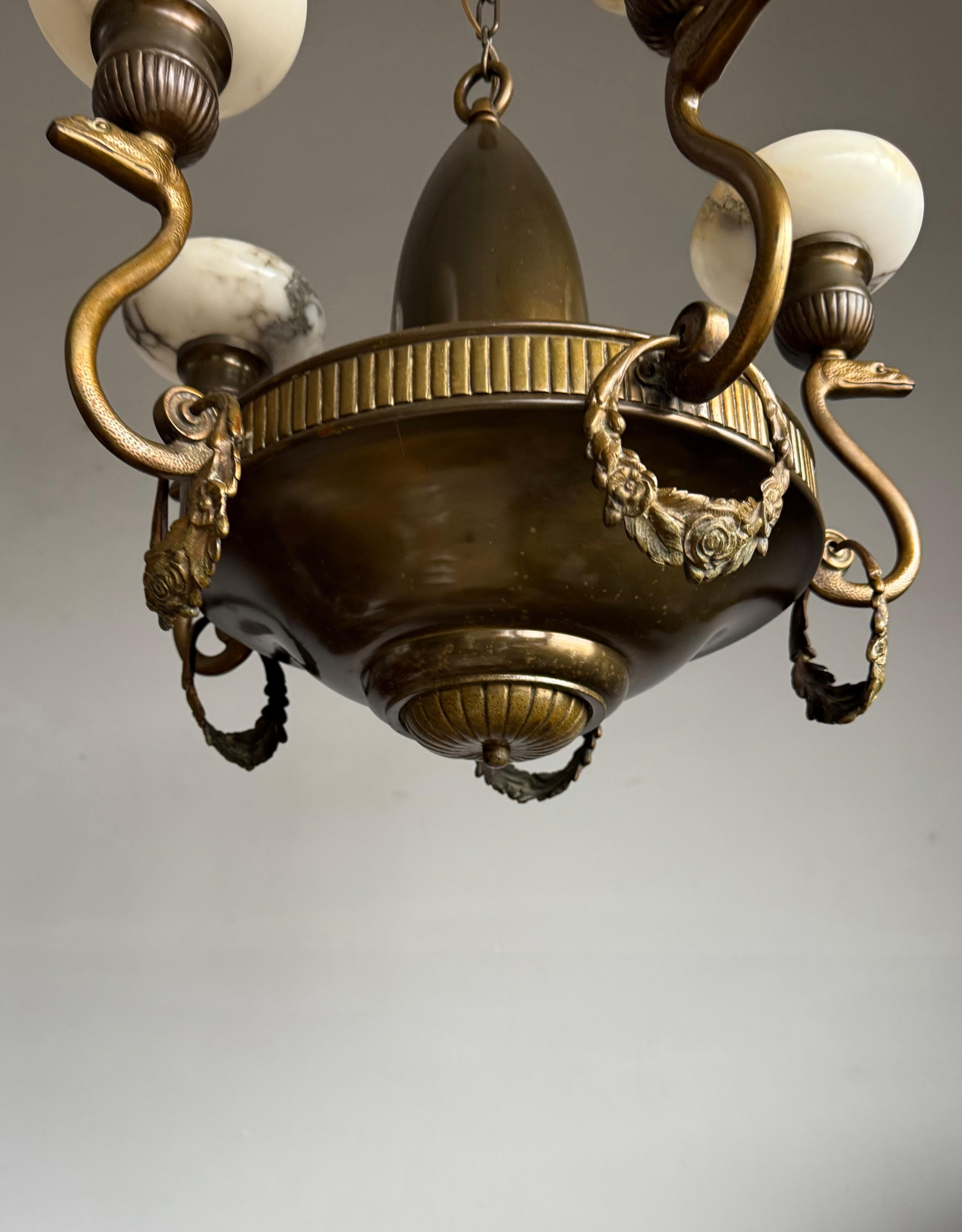 Amazing Arts & Crafts Bronze Chandelier w. Snake Sculptures and Alabaster Shades For Sale 7