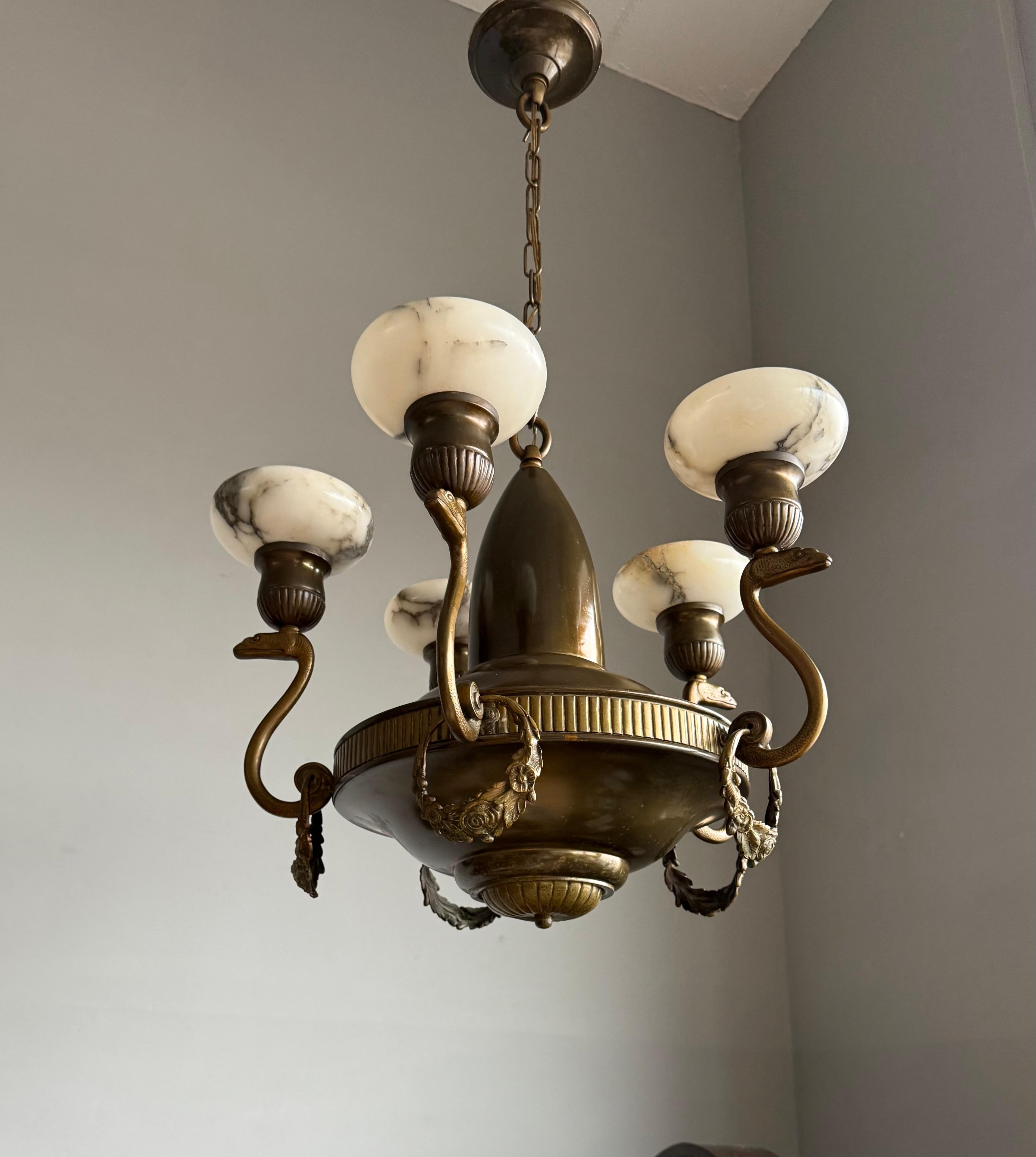 Amazing Arts & Crafts Bronze Chandelier w. Snake Sculptures and Alabaster Shades For Sale 8